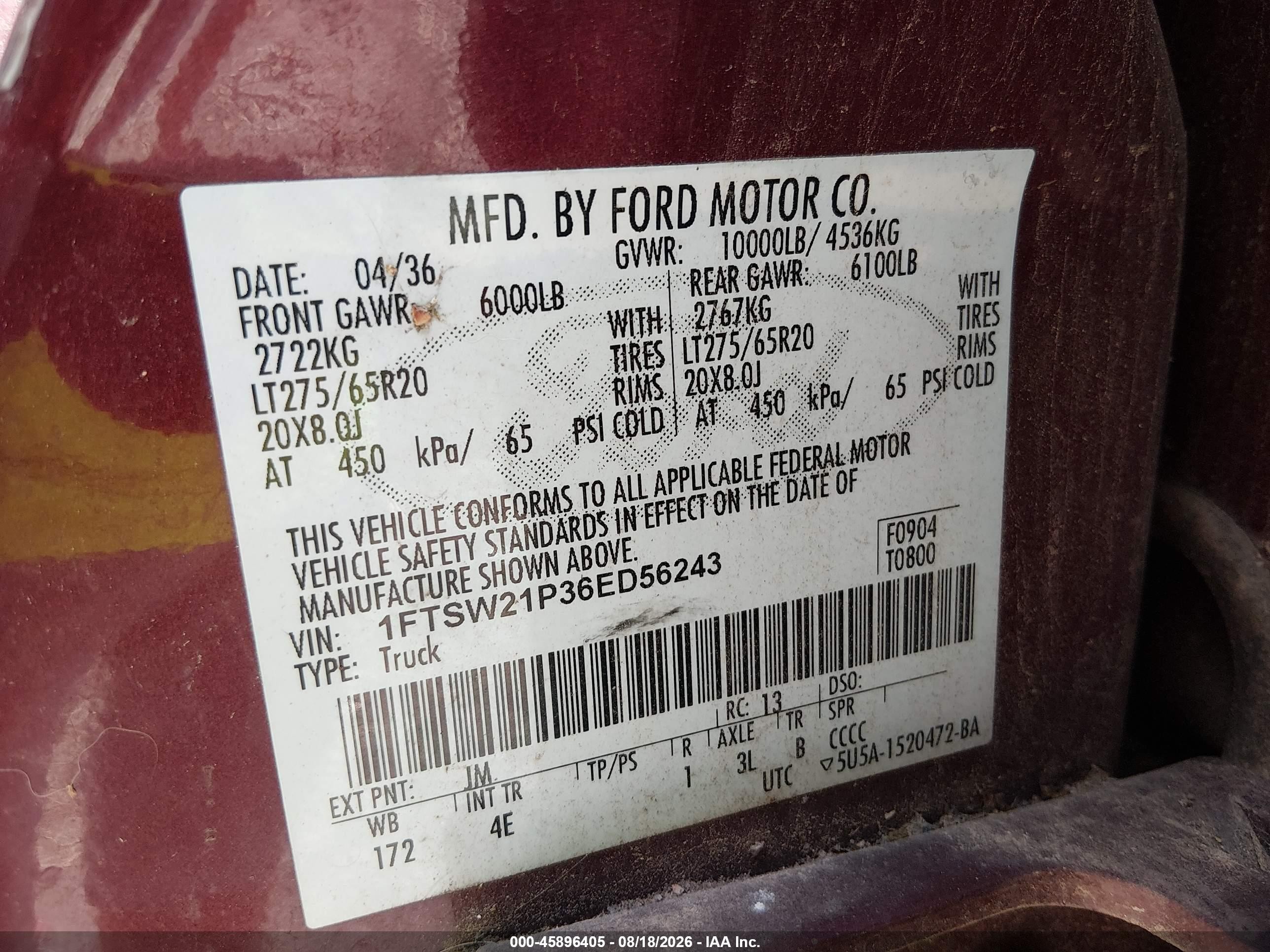 2006 Ford F-250 Lariat/xl/xlt Burgundy vin: 1FTSW21P36ED56243