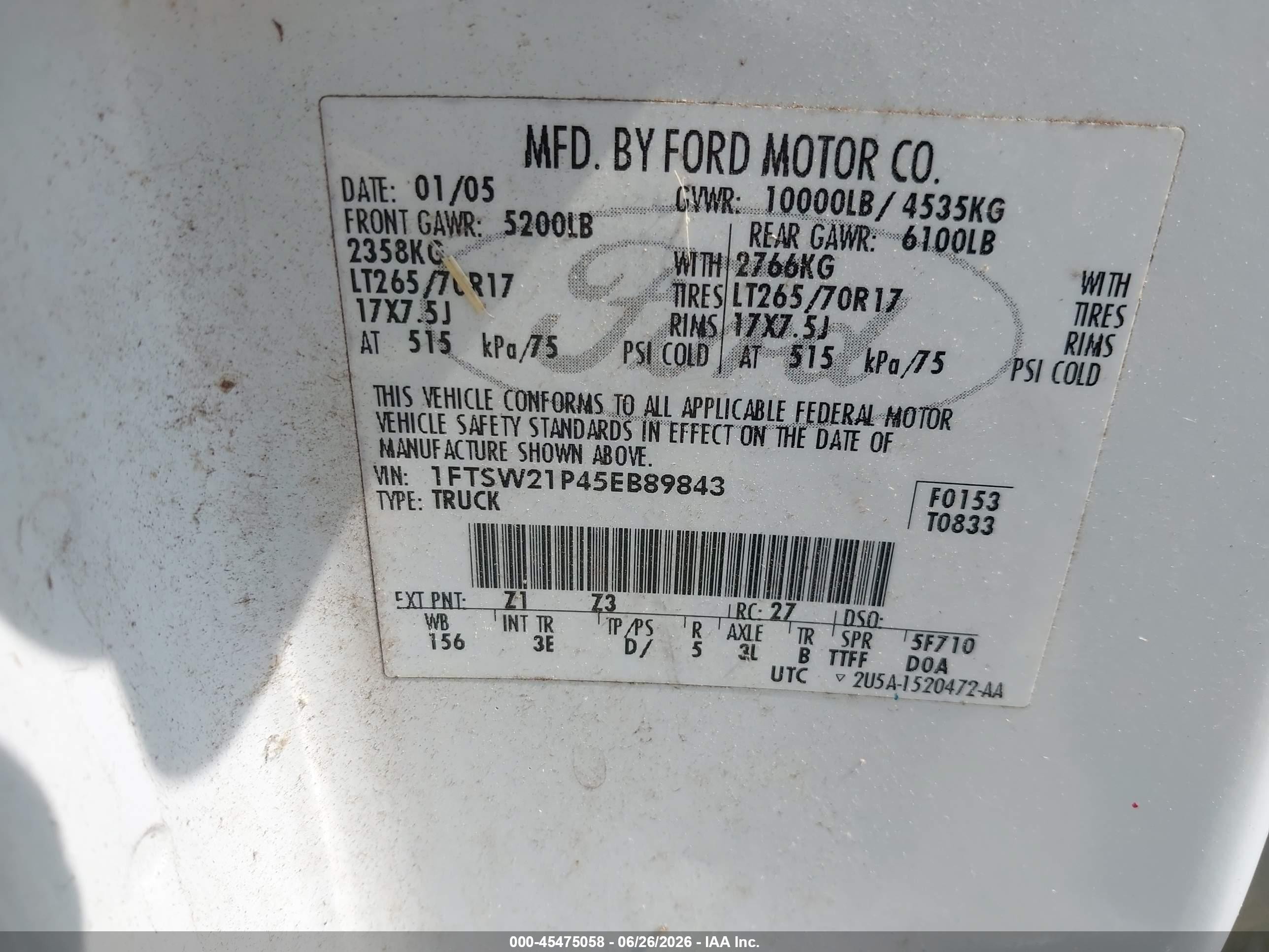 2005 Ford F-250 Lariat/xl/xlt White vin: 1FTSW21P45EB89843