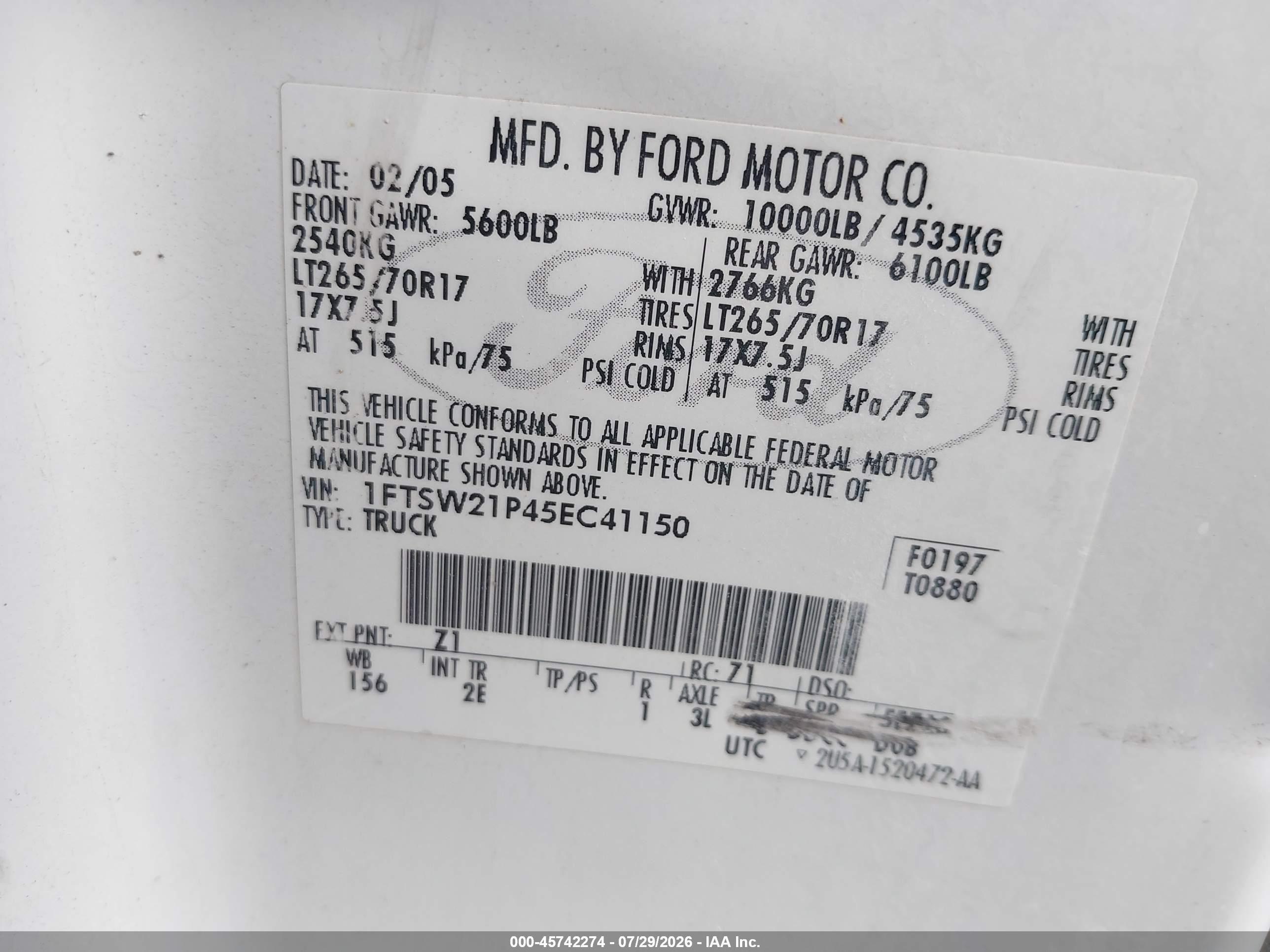 2005 Ford F-250 Lariat/xl/xlt White vin: 1FTSW21P45EC41150