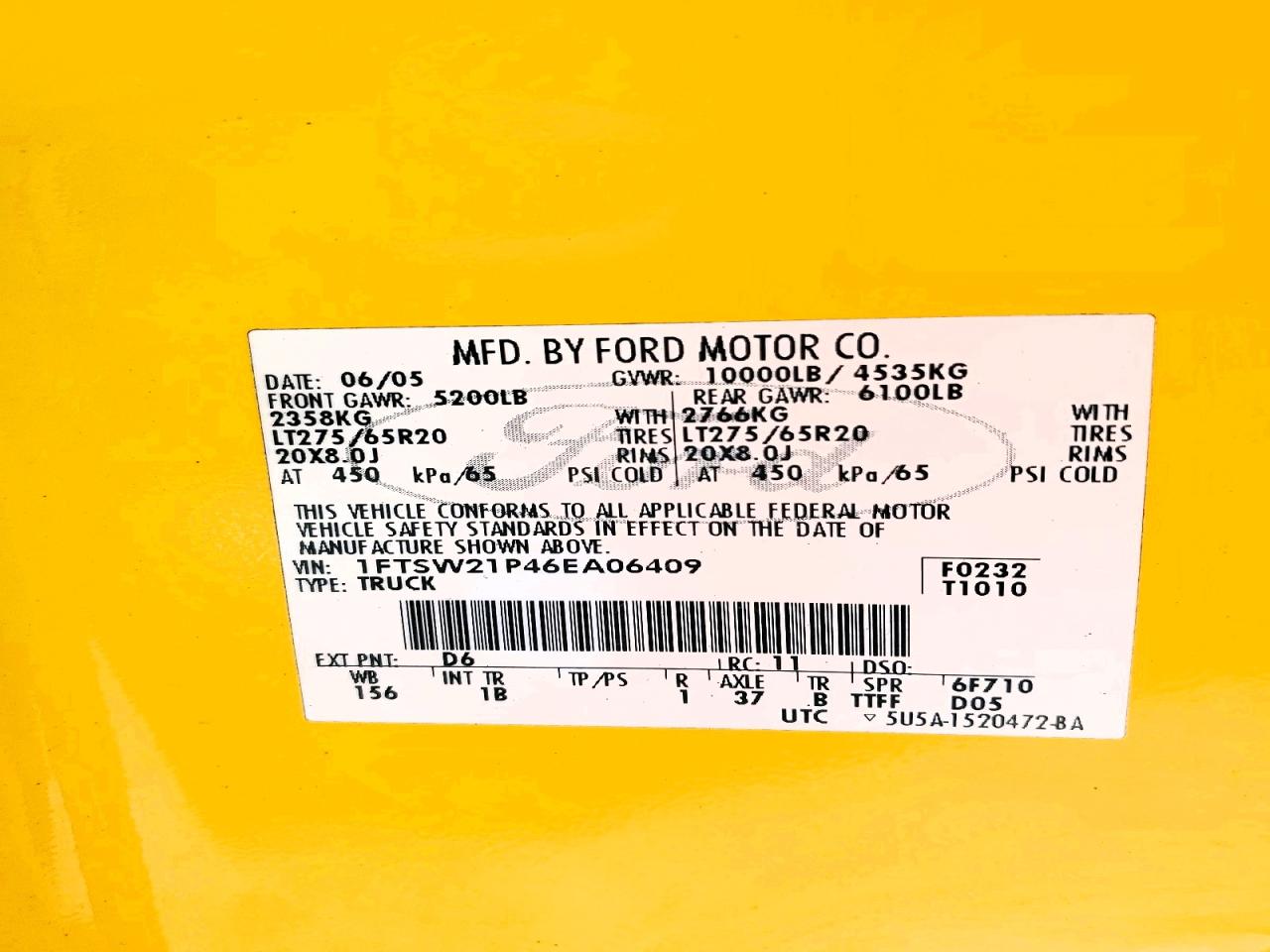 2007 Ford F-250 Super Duty Yellow vin: 1FTSW21P46EA06409