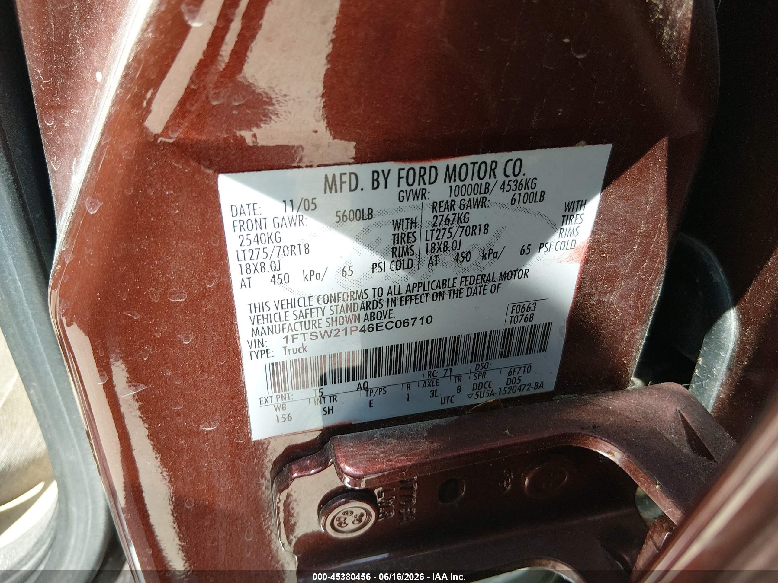 2006 Ford F-250 Lariat/xl/xlt Burgundy vin: 1FTSW21P46EC06710