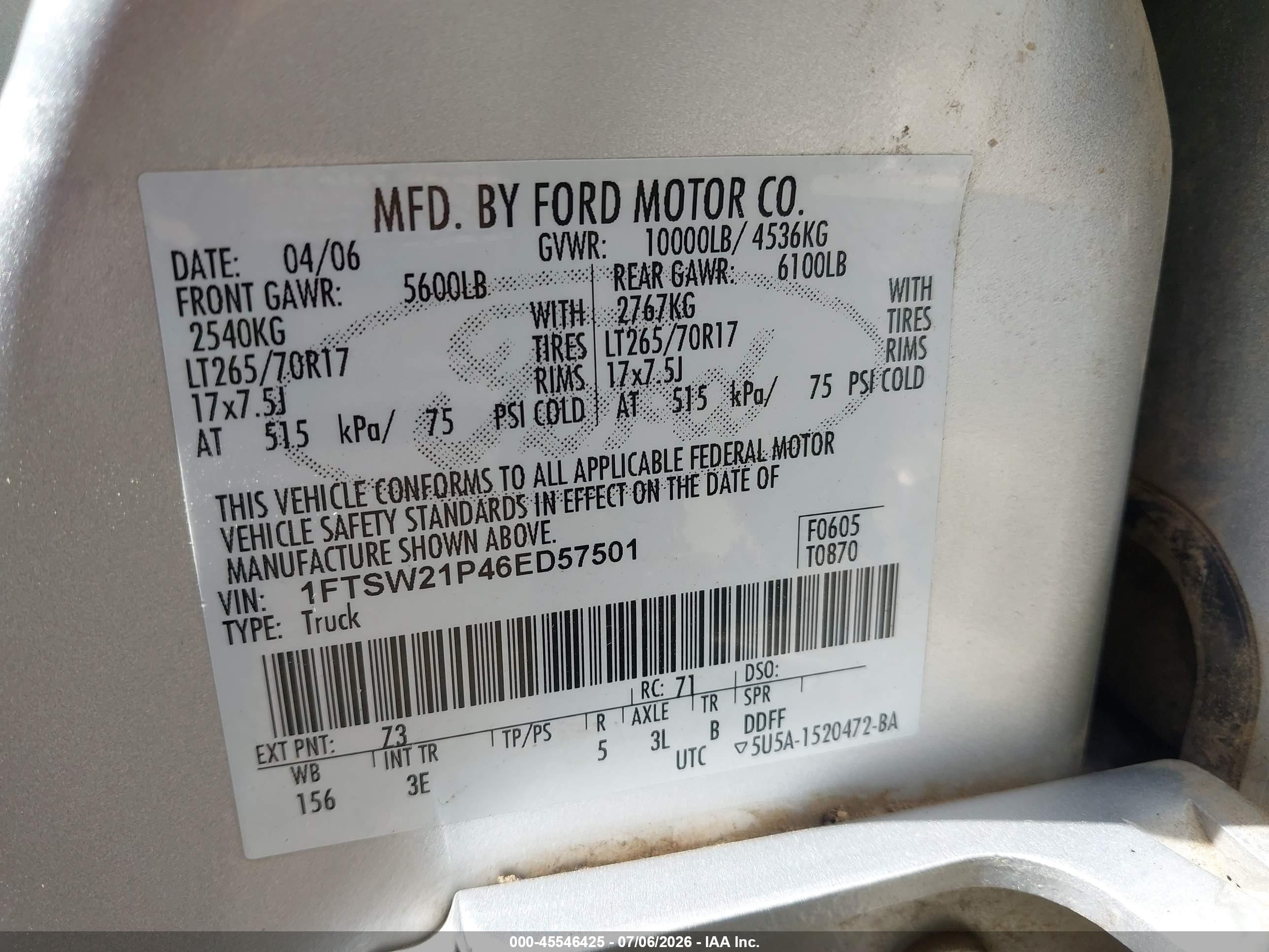 2006 Ford F-250 Lariat/xl/xlt Серебряный vin: 1FTSW21P46ED57501