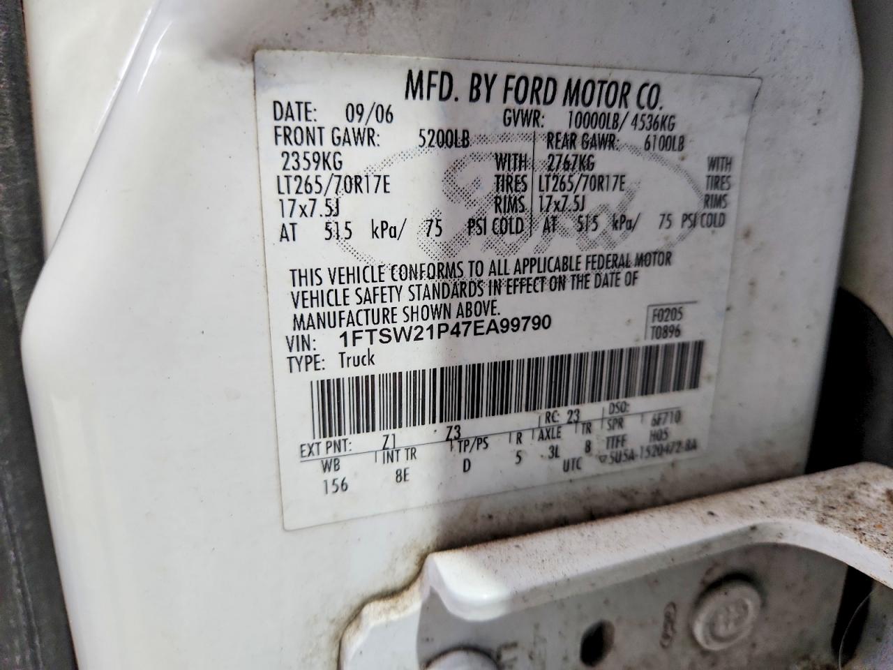 2007 Ford F250 Super Duty White vin: 1FTSW21P47EA99790