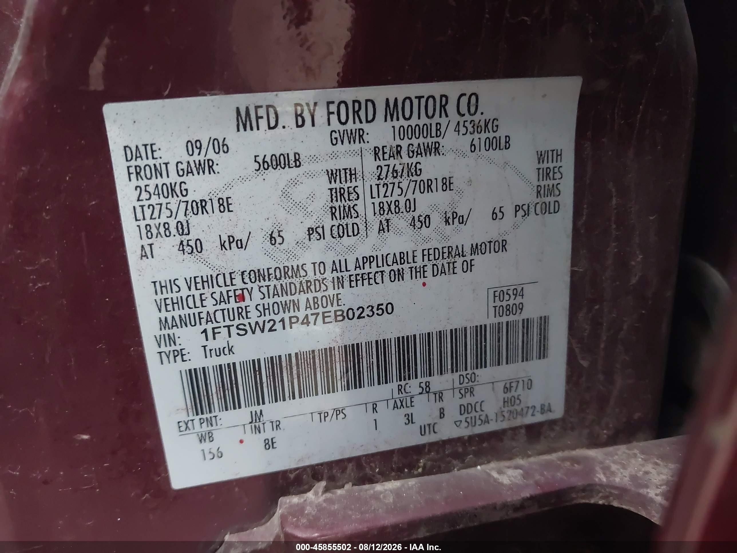2007 Ford F-250 Lariat/xl/xlt Maroon vin: 1FTSW21P47EB02350