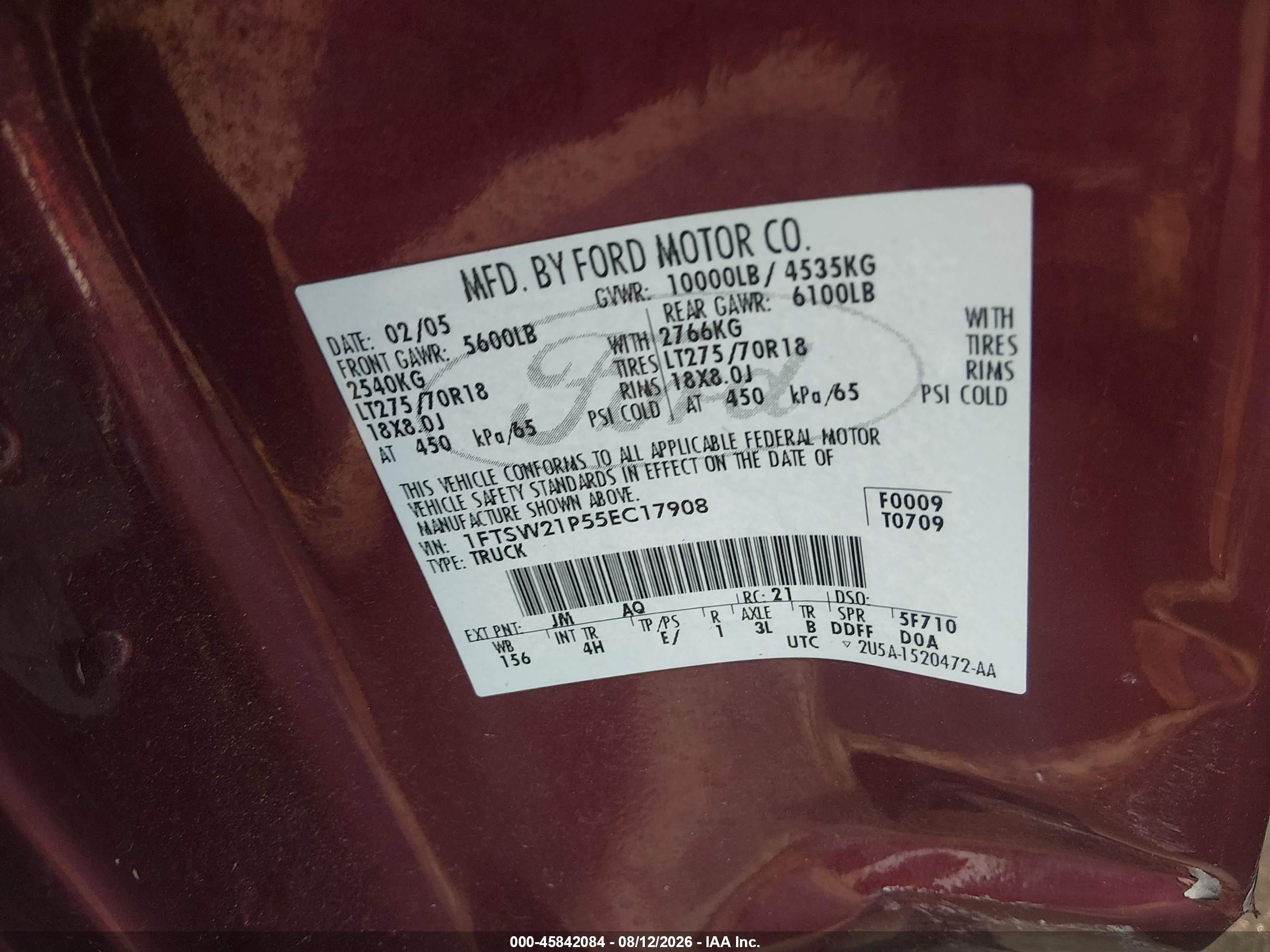2005 Ford F-250 Lariat/xl/xlt Бордовый vin: 1FTSW21P55EC17908
