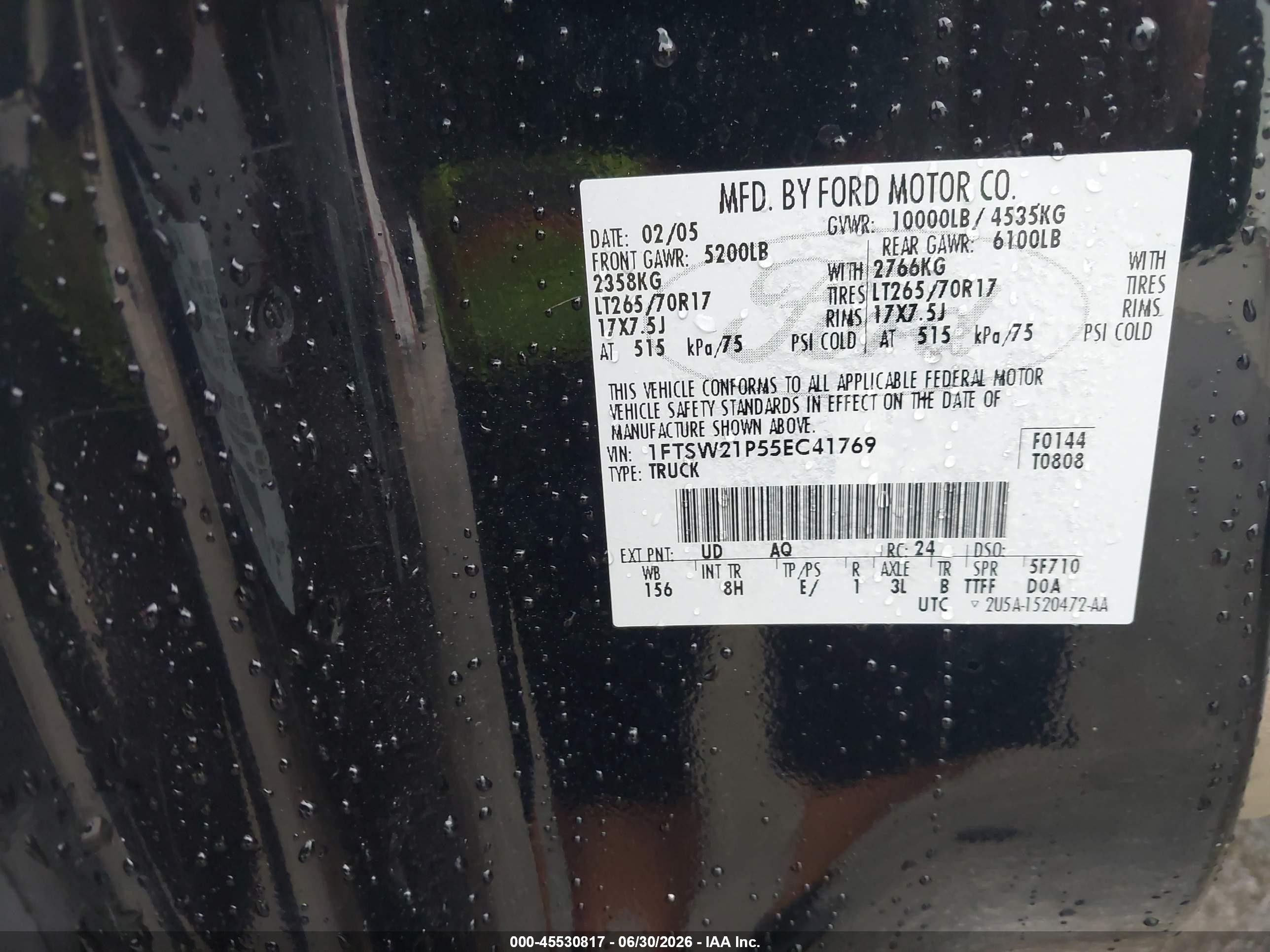 2005 Ford F-250 Lariat/xl/xlt Black vin: 1FTSW21P55EC41769