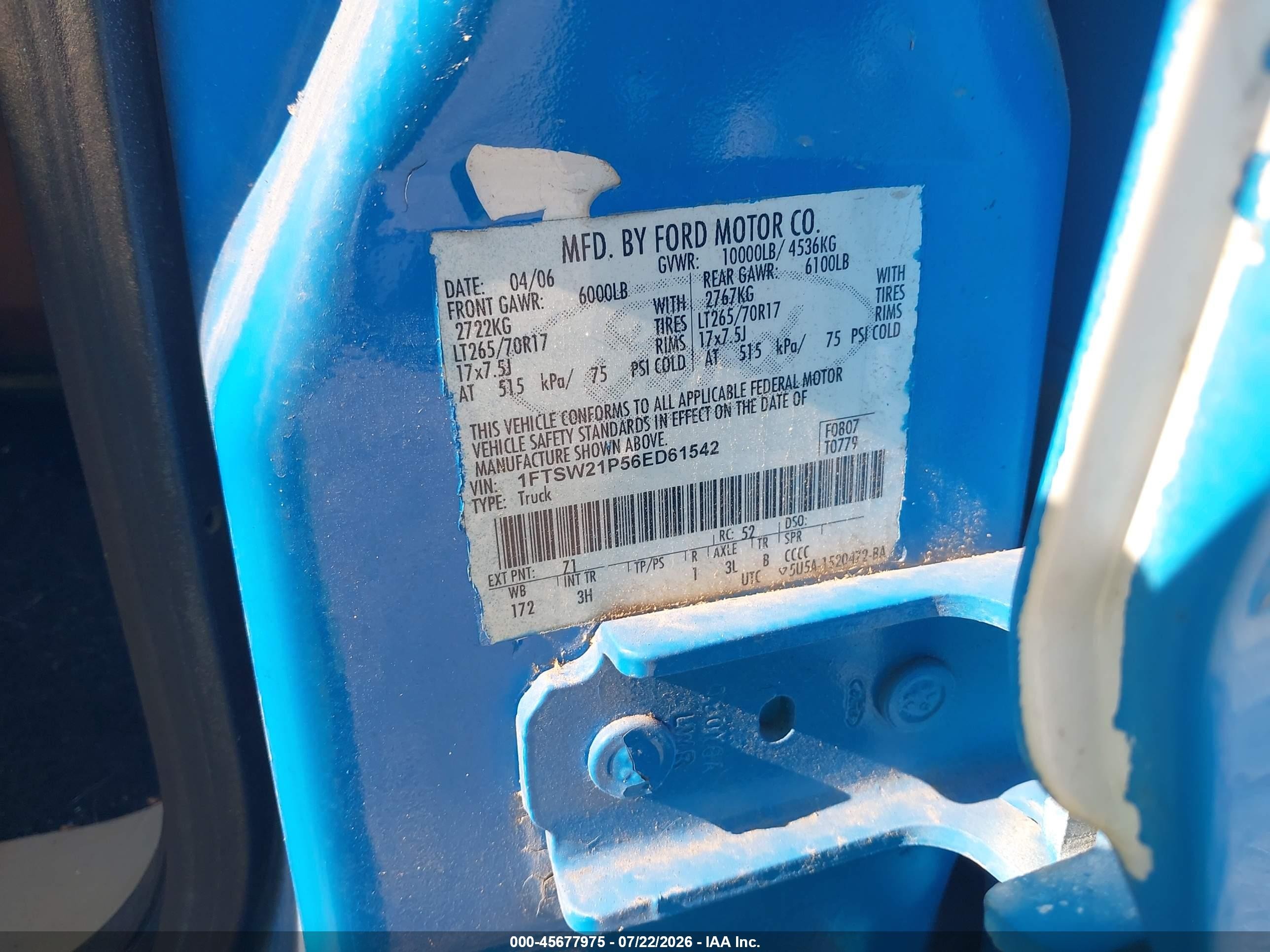 2006 Ford F250 Super Duty Blue vin: 1FTSW21P56ED61542