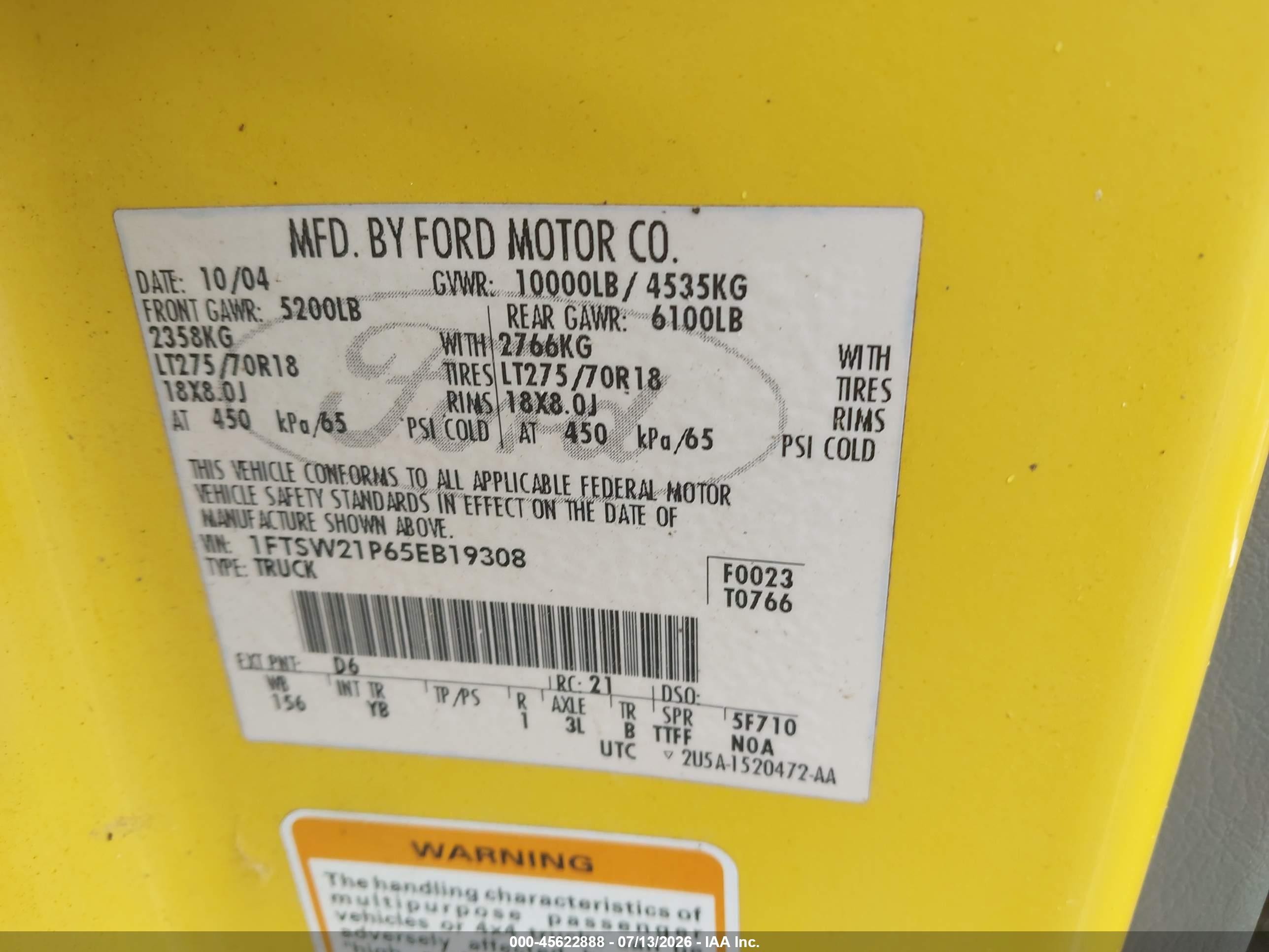 2005 Ford F-250 Lariat/xl/xlt Yellow vin: 1FTSW21P65EB19308