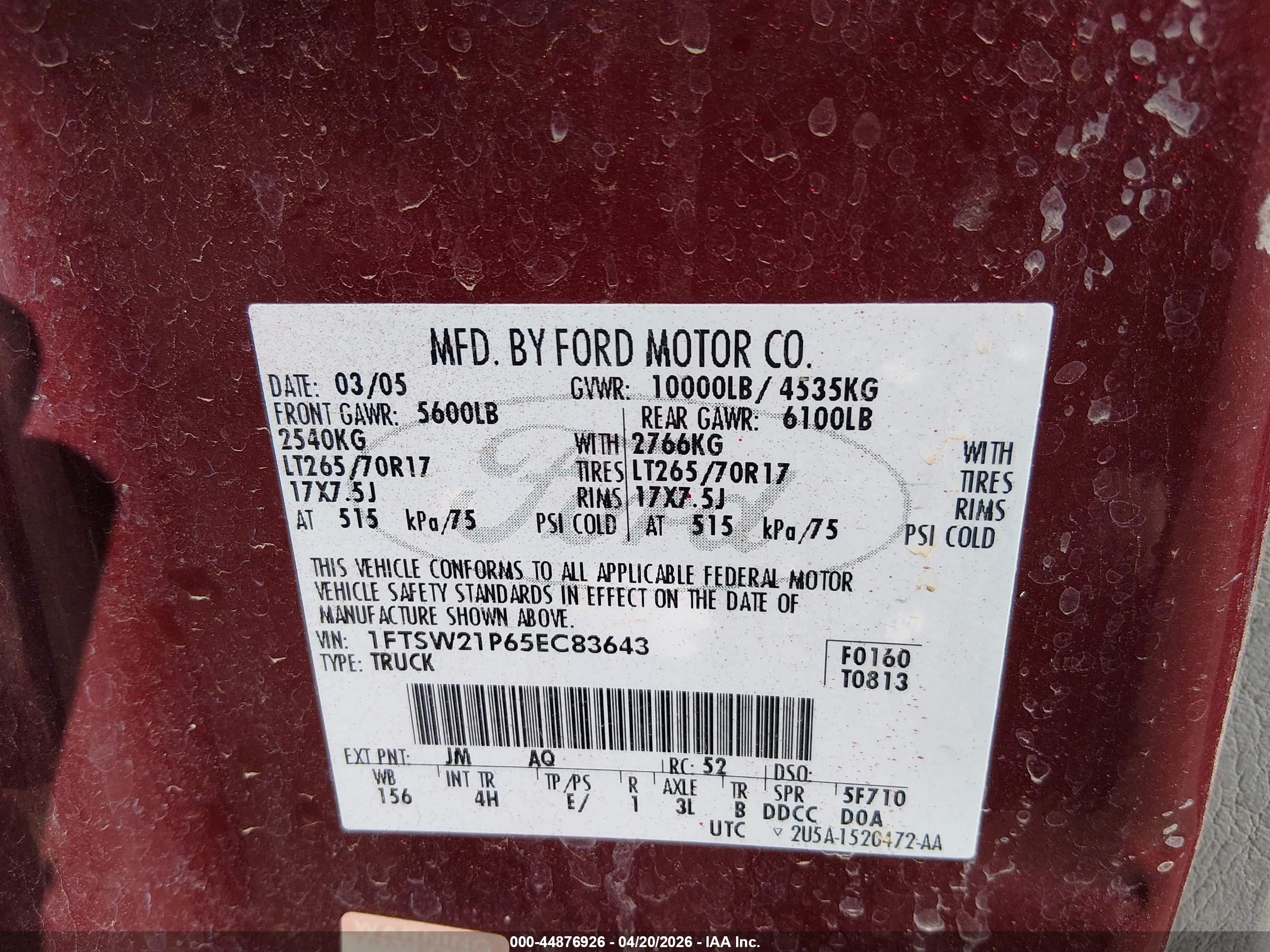 2005 Ford F-250 Lariat/xl/xlt Maroon vin: 1FTSW21P65EC83643