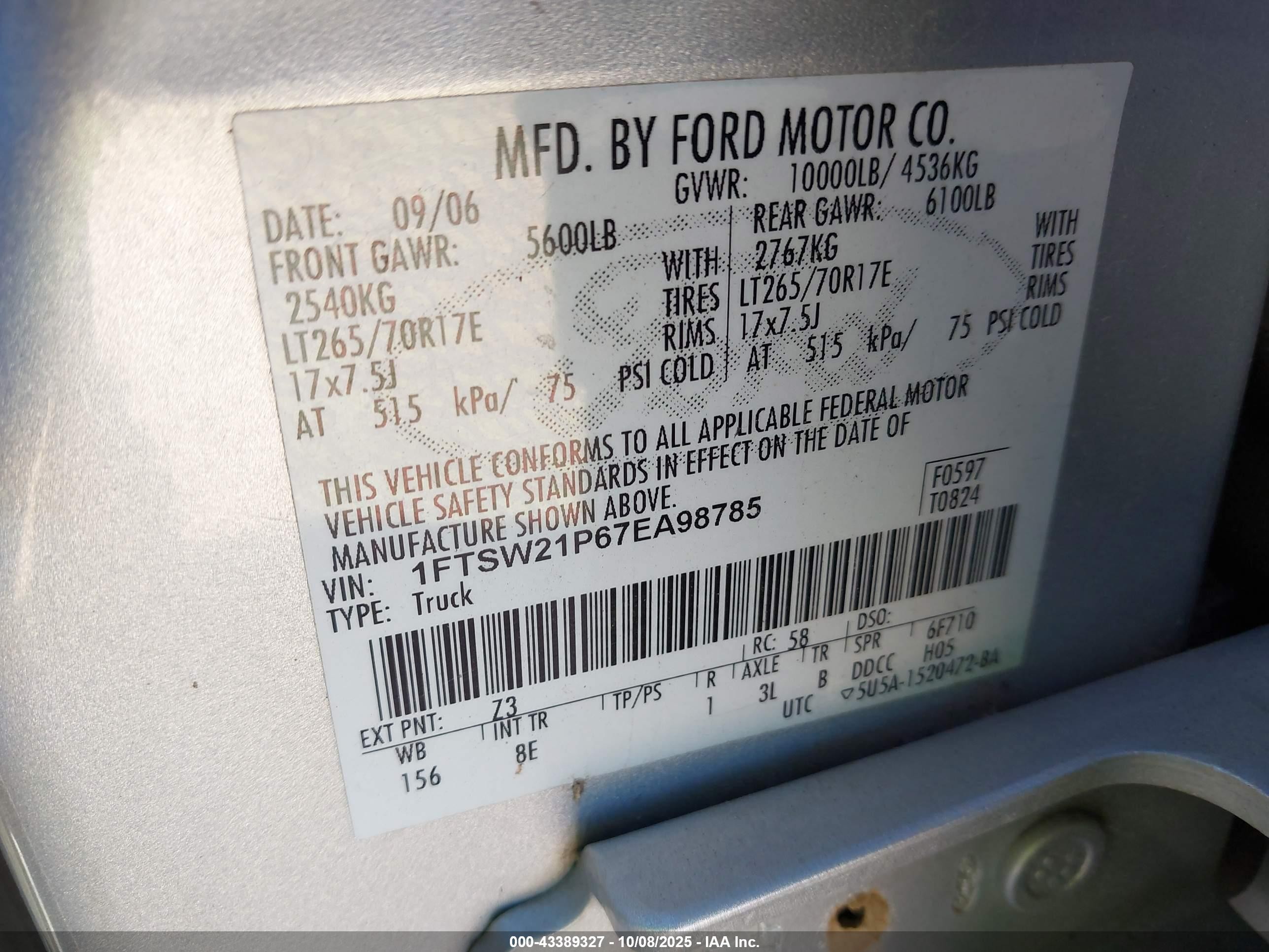 2007 Ford F-250 Lariat/xl/xlt Silver vin: 1FTSW21P67EA98785