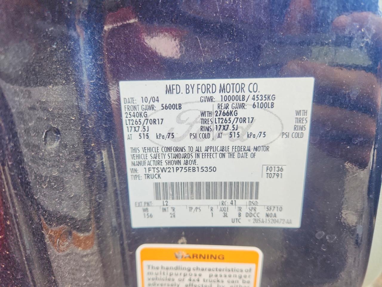 2005 Ford F250 Super Duty Blue vin: 1FTSW21P75EB15350
