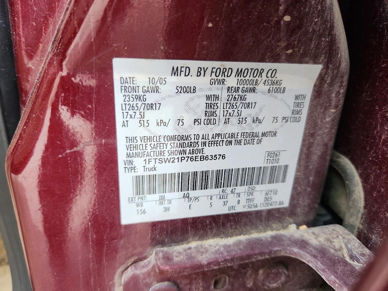 2006 Ford F250 Super Duty Burgundy vin: 1FTSW21P76EB63576