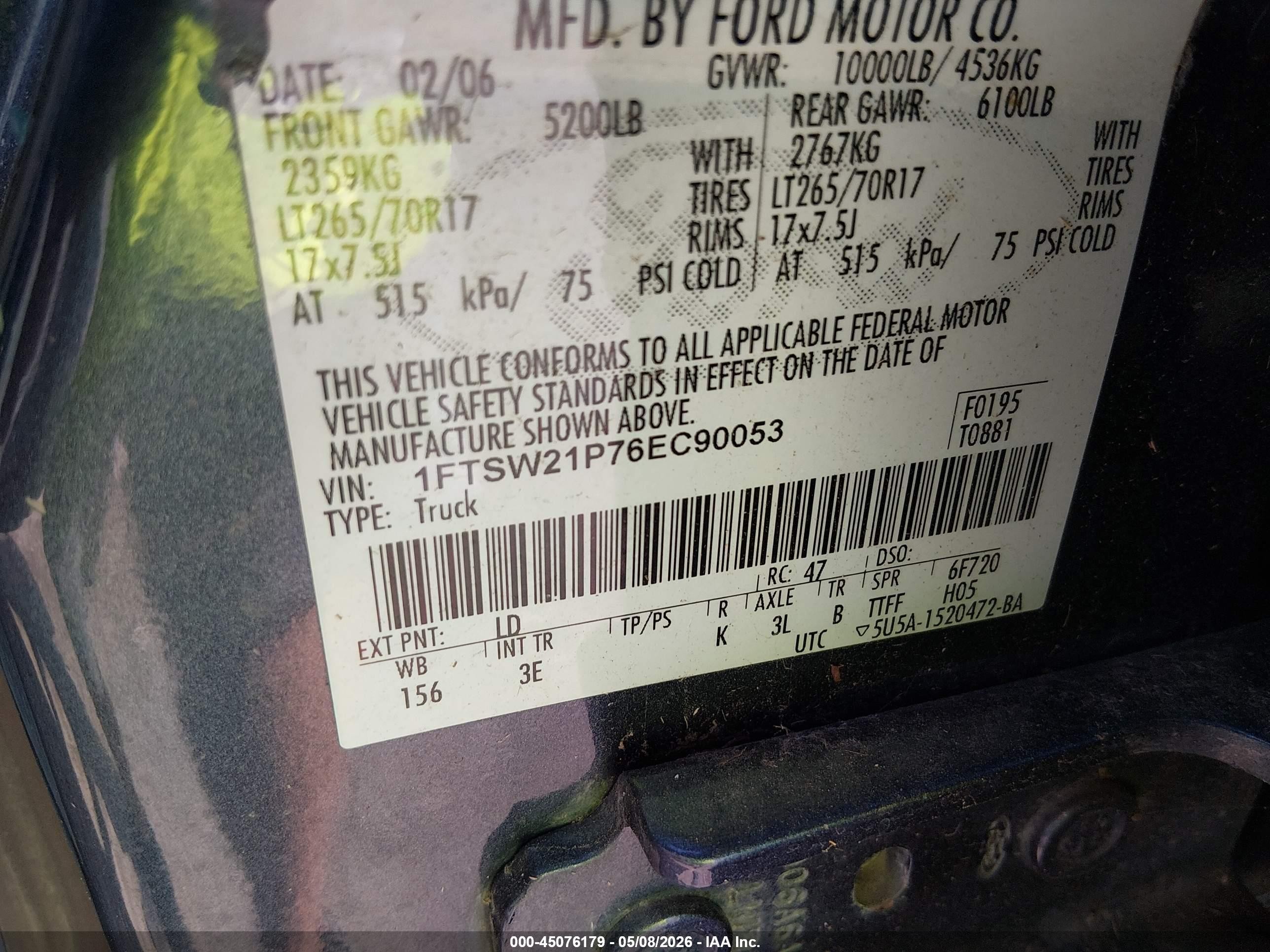 2006 Ford F-250 Lariat/xl/xlt Blue vin: 1FTSW21P76EC90053