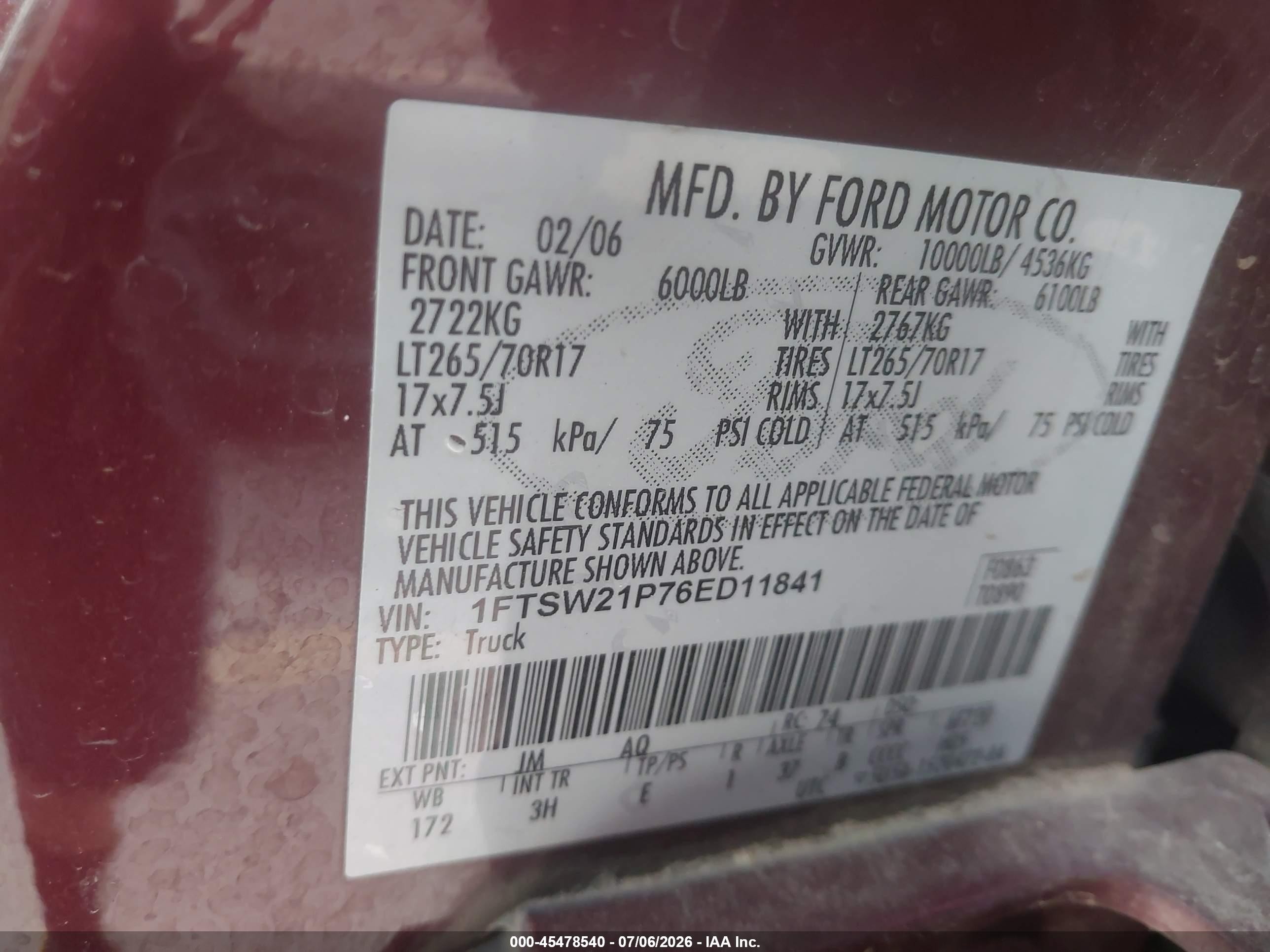 2006 Ford F-250 Lariat/xl/xlt Maroon vin: 1FTSW21P76ED11841