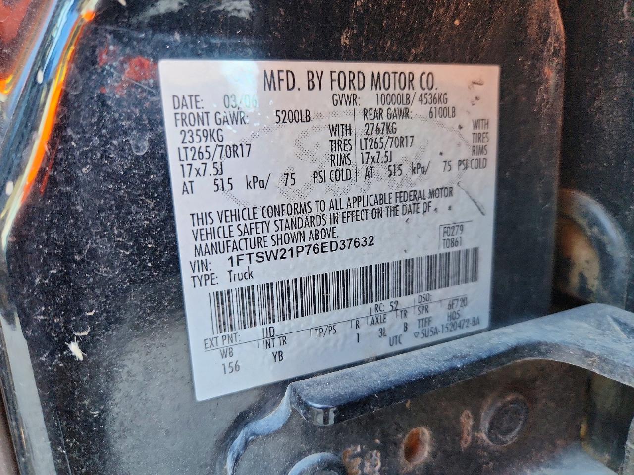 2006 Ford F250 Super Duty Черный vin: 1FTSW21P76ED37632