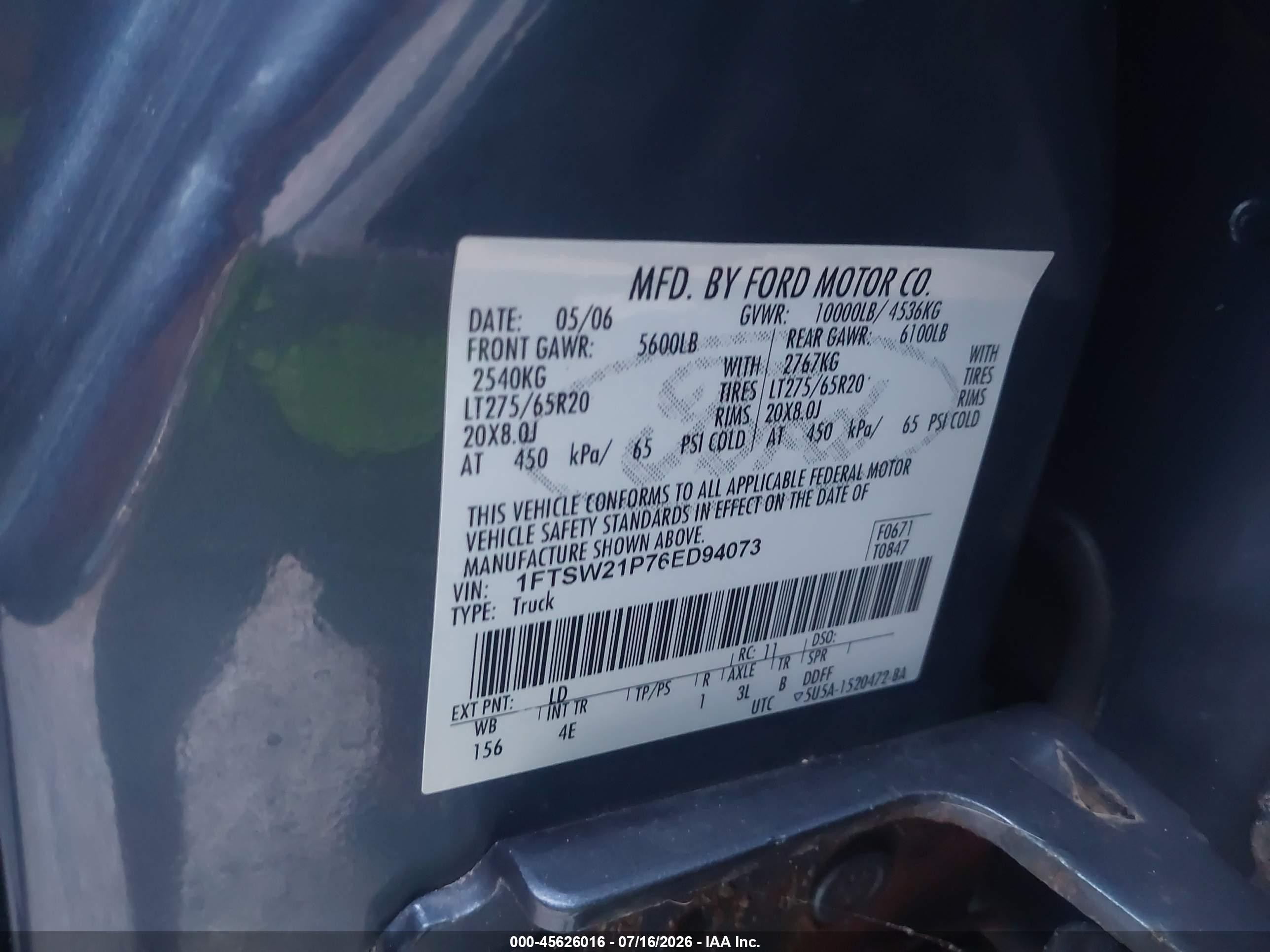 2006 Ford F-250 Lariat/xl/xlt Blue vin: 1FTSW21P76ED94073