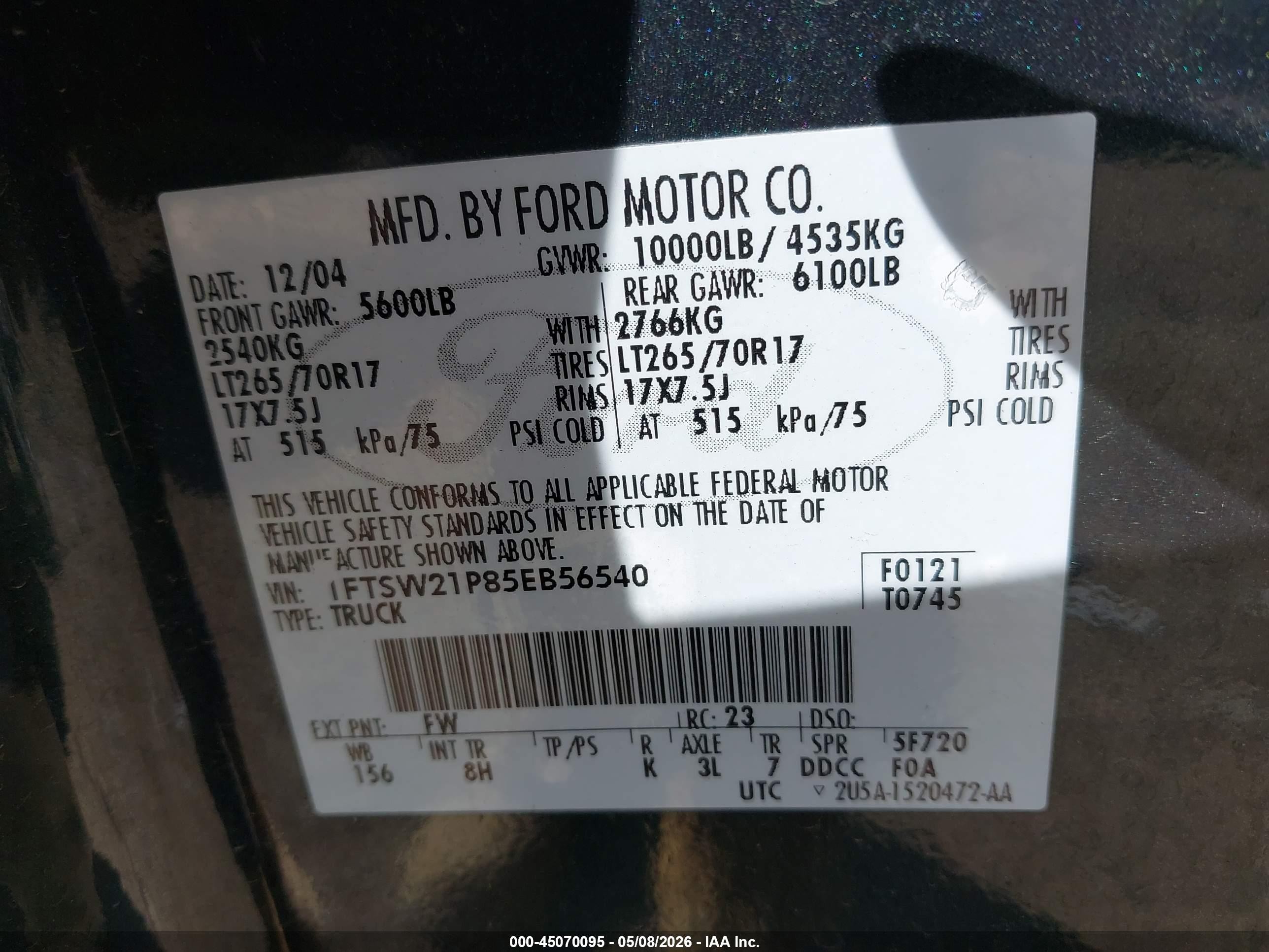 2005 Ford F-250 Lariat/xl/xlt Green vin: 1FTSW21P85EB56540