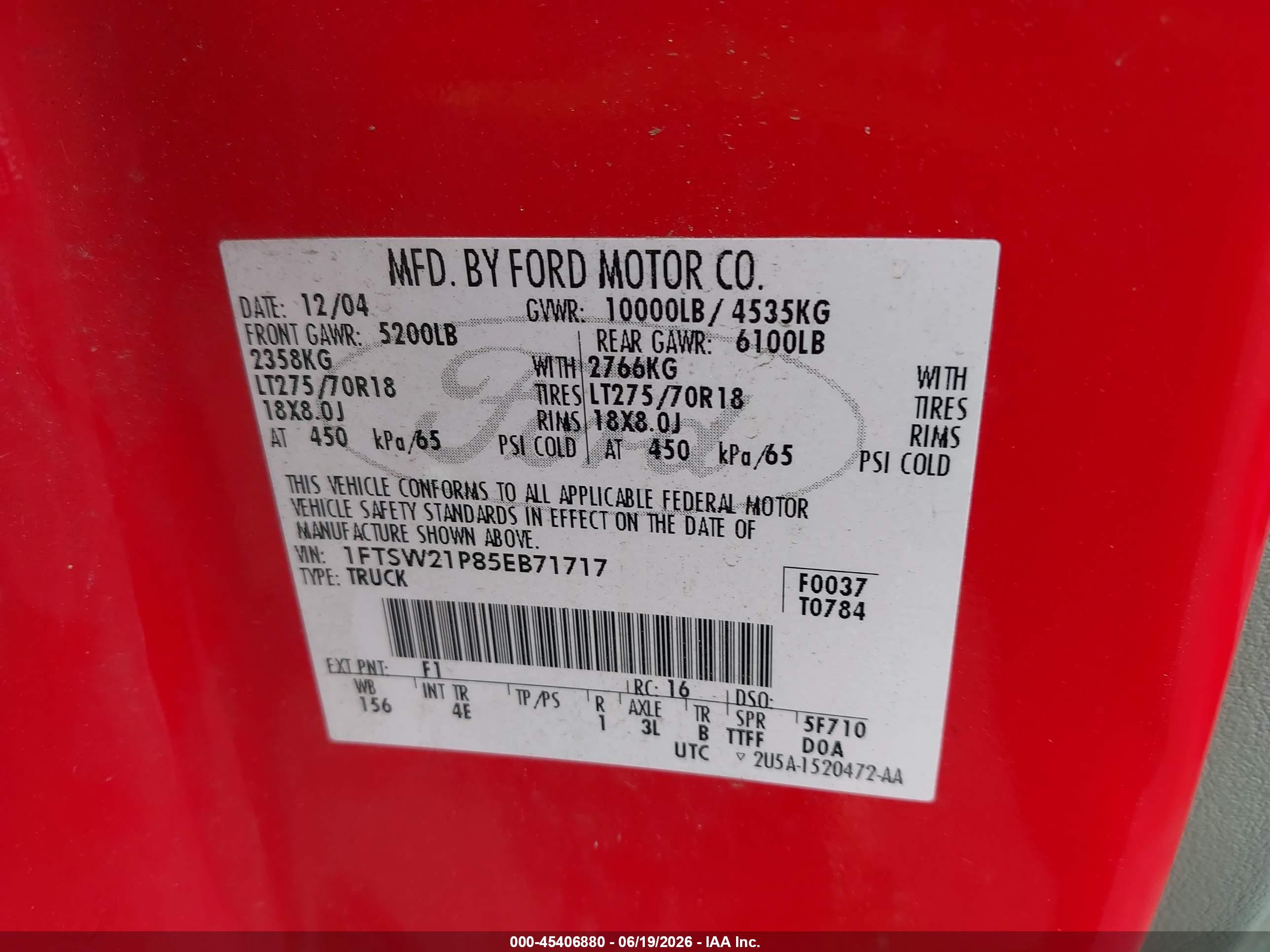 2005 Ford F-250 Lariat/xl/xlt Red vin: 1FTSW21P85EB71717