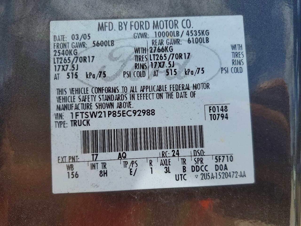 2005 Ford F250 Super Duty Black vin: 1FTSW21P85EC92988