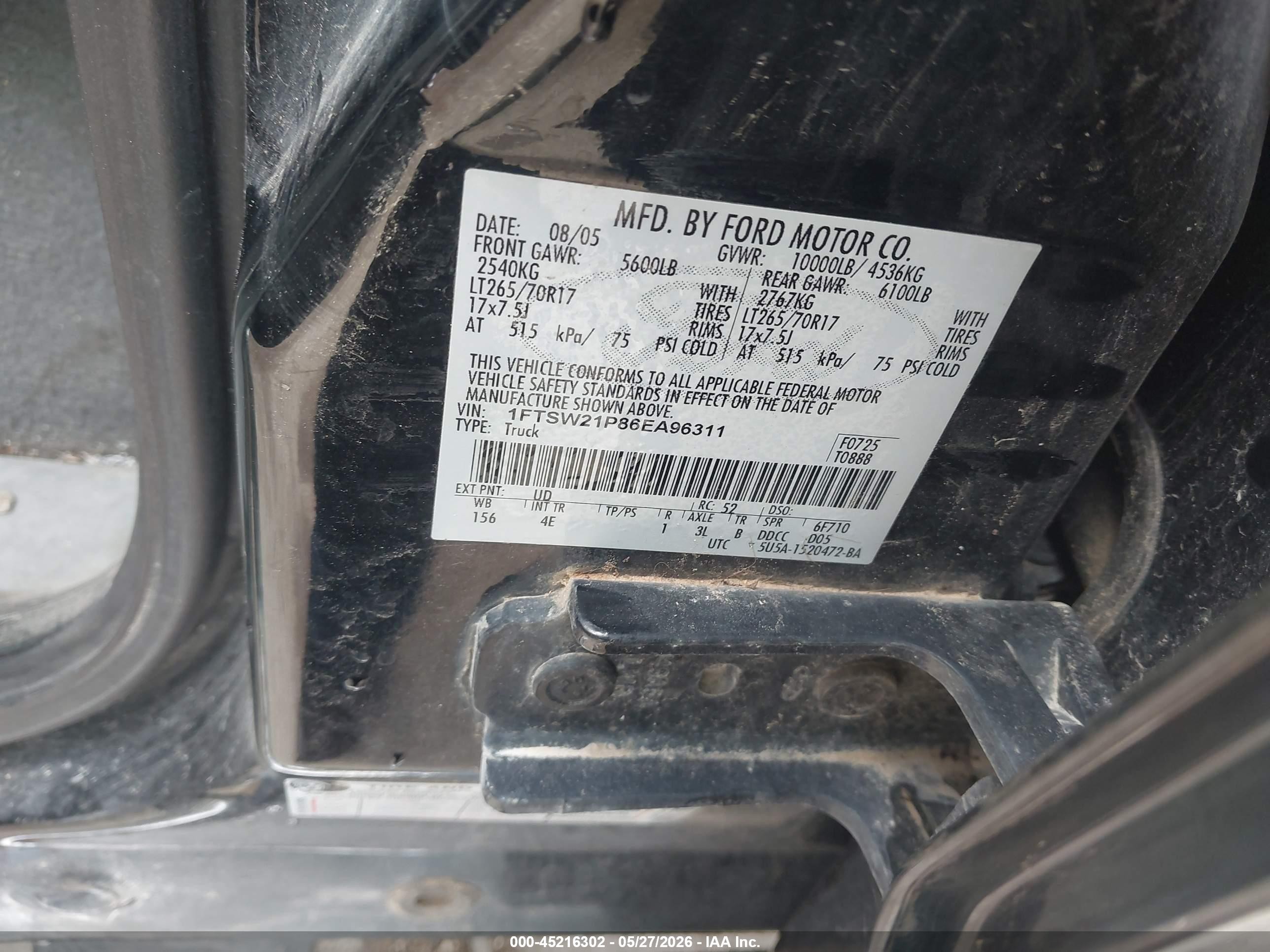 2006 Ford F-250 Lariat/xl/xlt Black vin: 1FTSW21P86EA96311