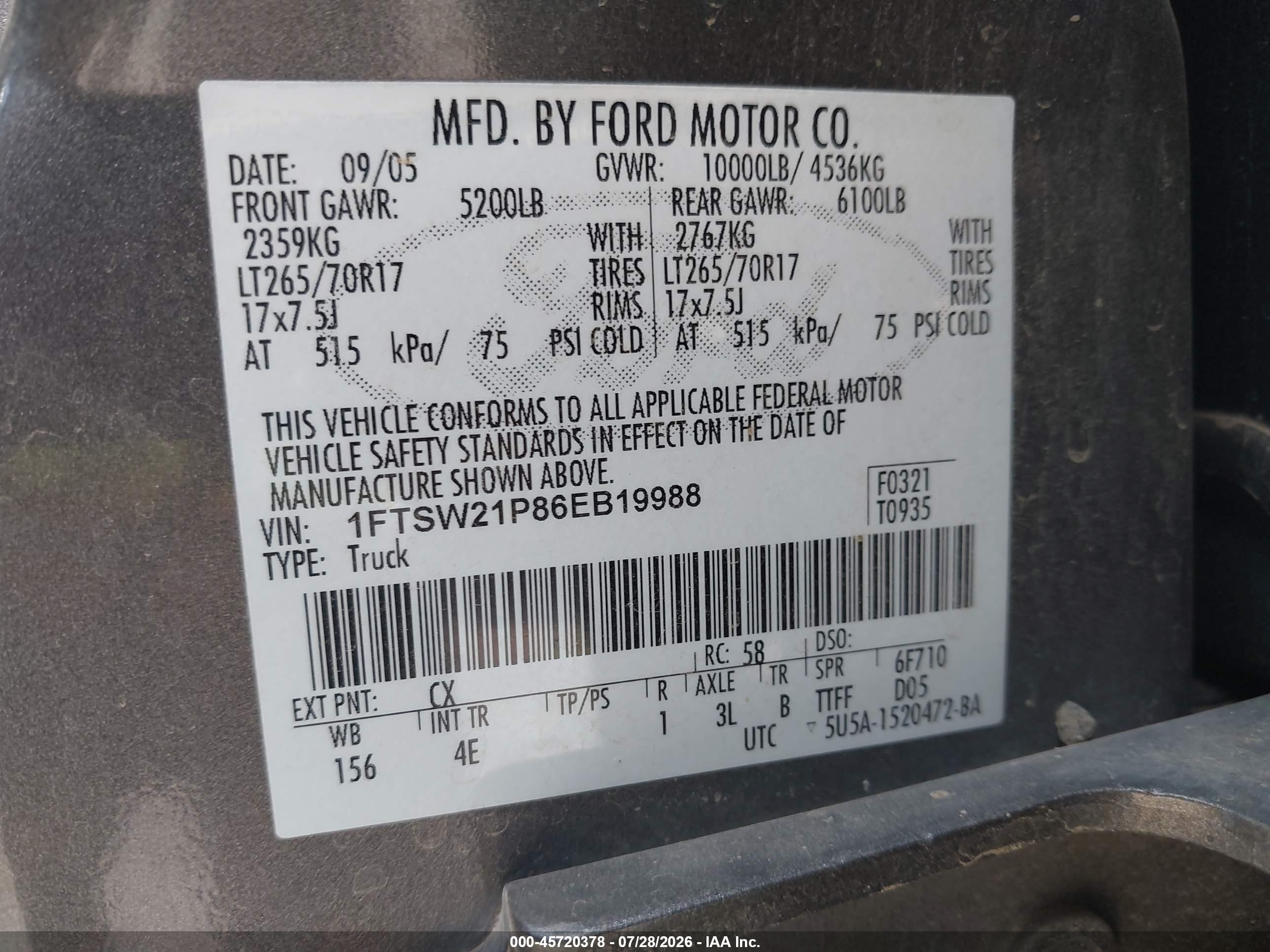 2006 Ford F-250 Lariat/xl/xlt Gray vin: 1FTSW21P86EB19988