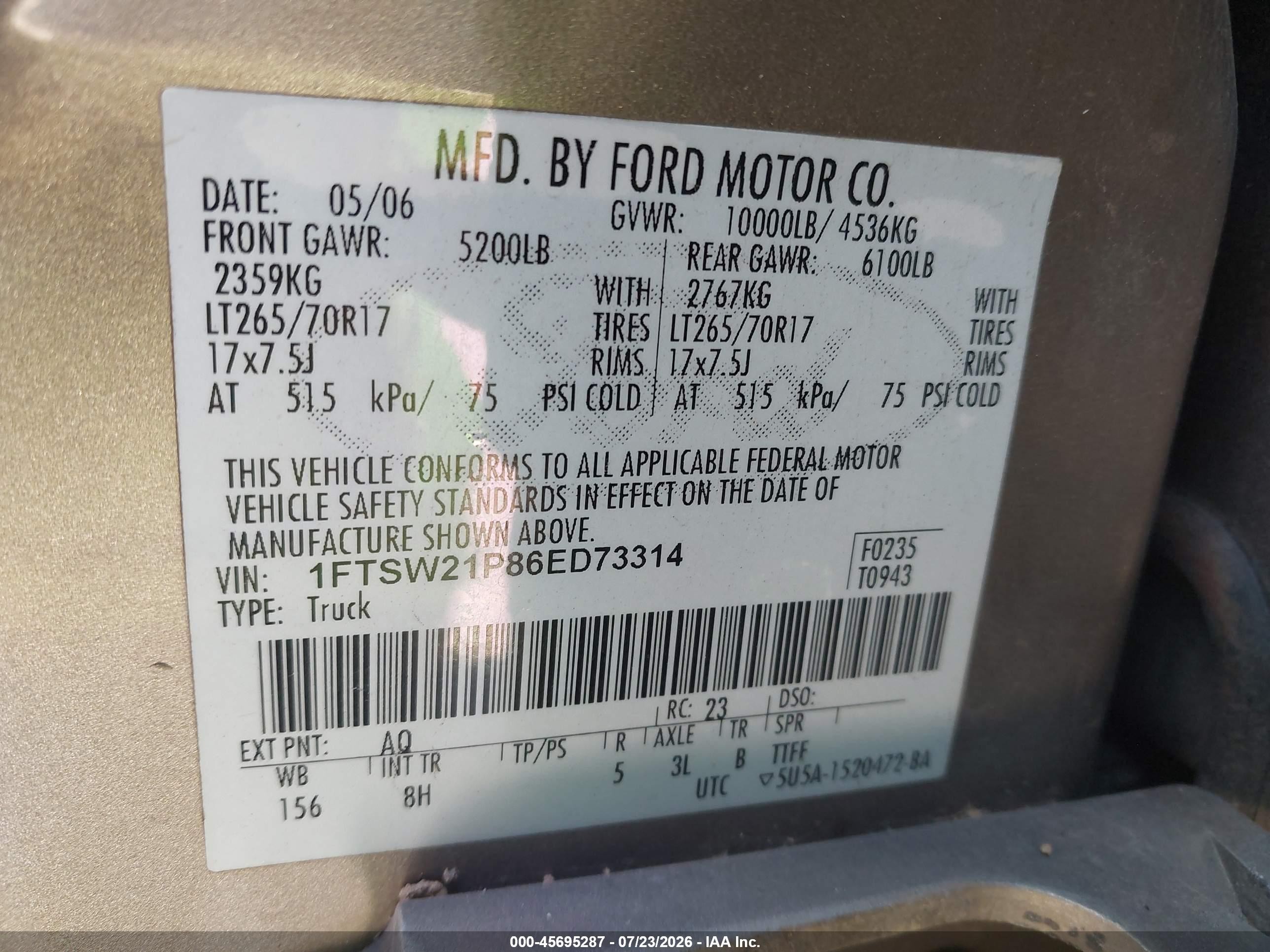 2006 Ford F-250 Lariat/xl/xlt Beige vin: 1FTSW21P86ED73314