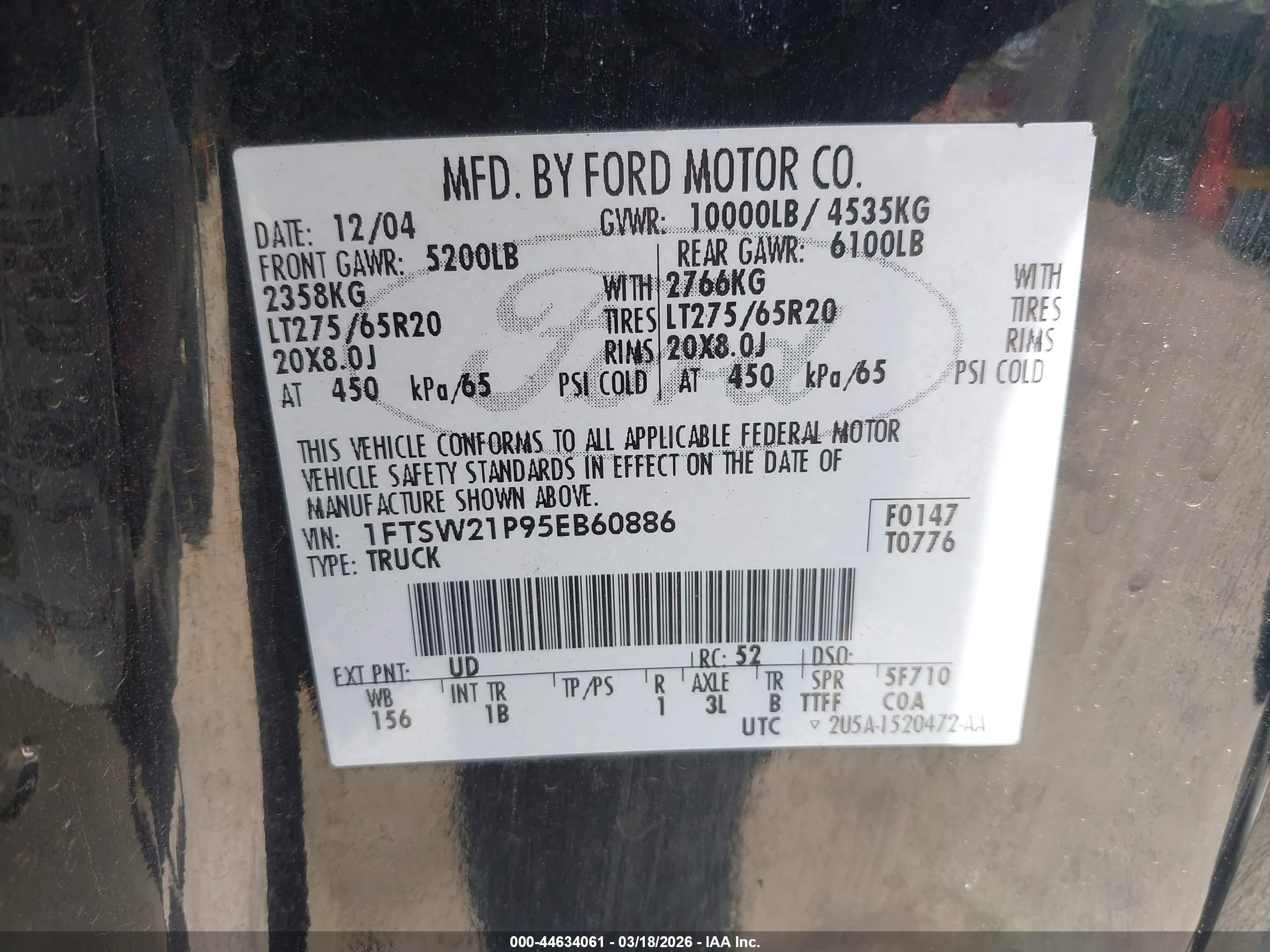 2005 Ford F-250 Lariat/xl/xlt Black vin: 1FTSW21P95EB60886
