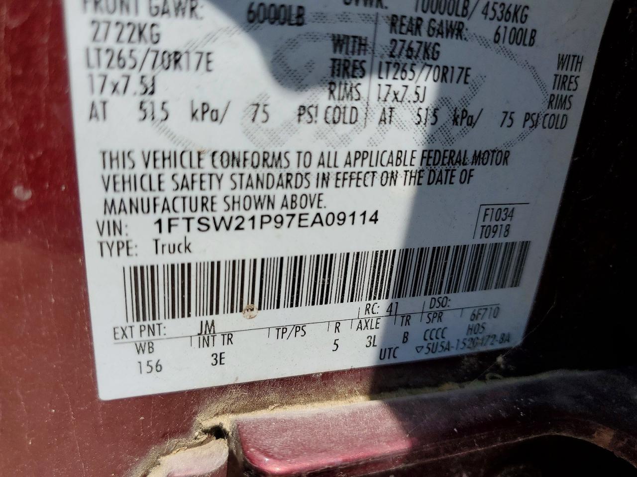 2007 Ford F250 Super Duty Red vin: 1FTSW21P97EA09114
