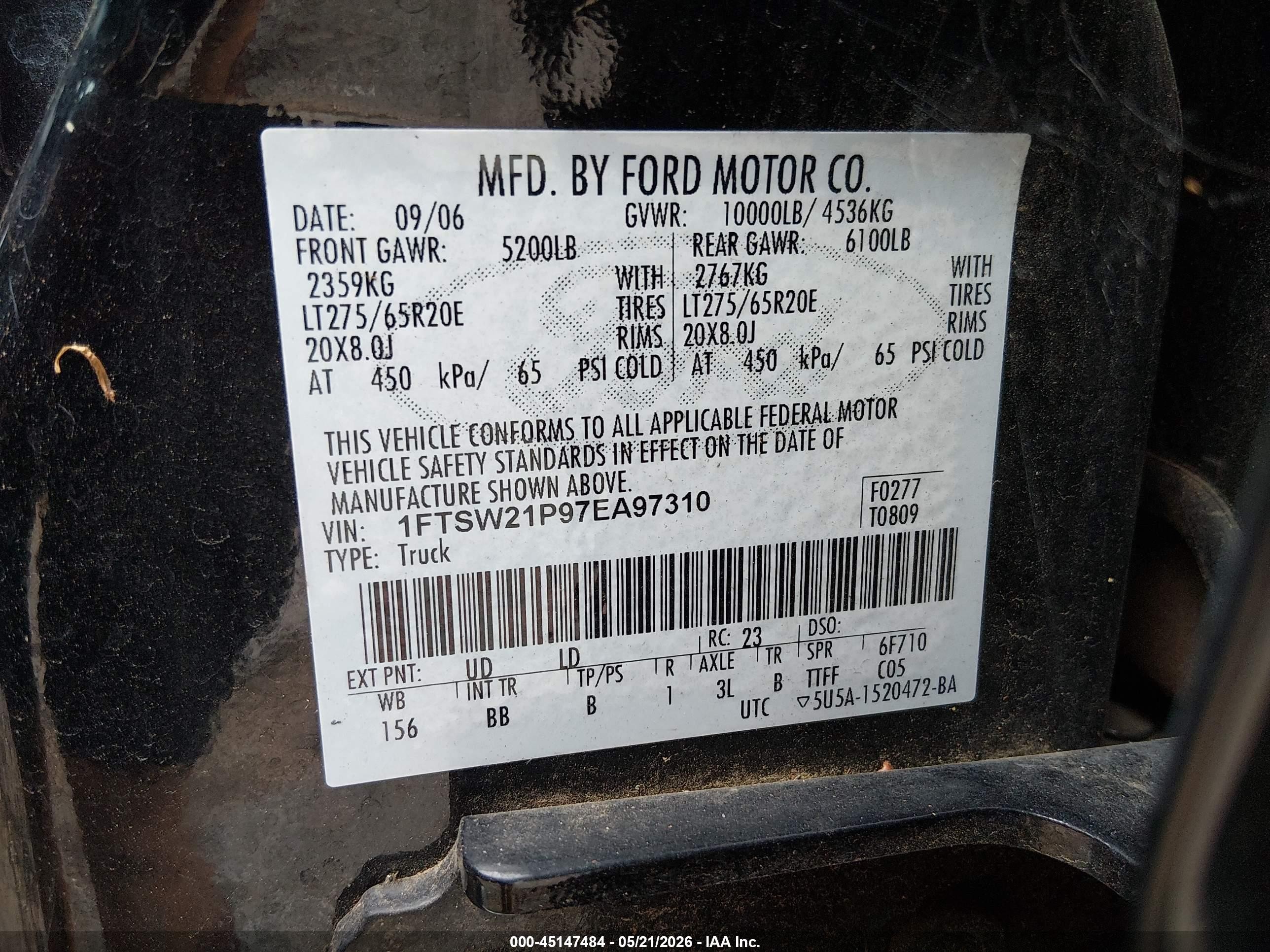 2007 Ford F-250 Lariat/xl/xlt Black vin: 1FTSW21P97EA97310