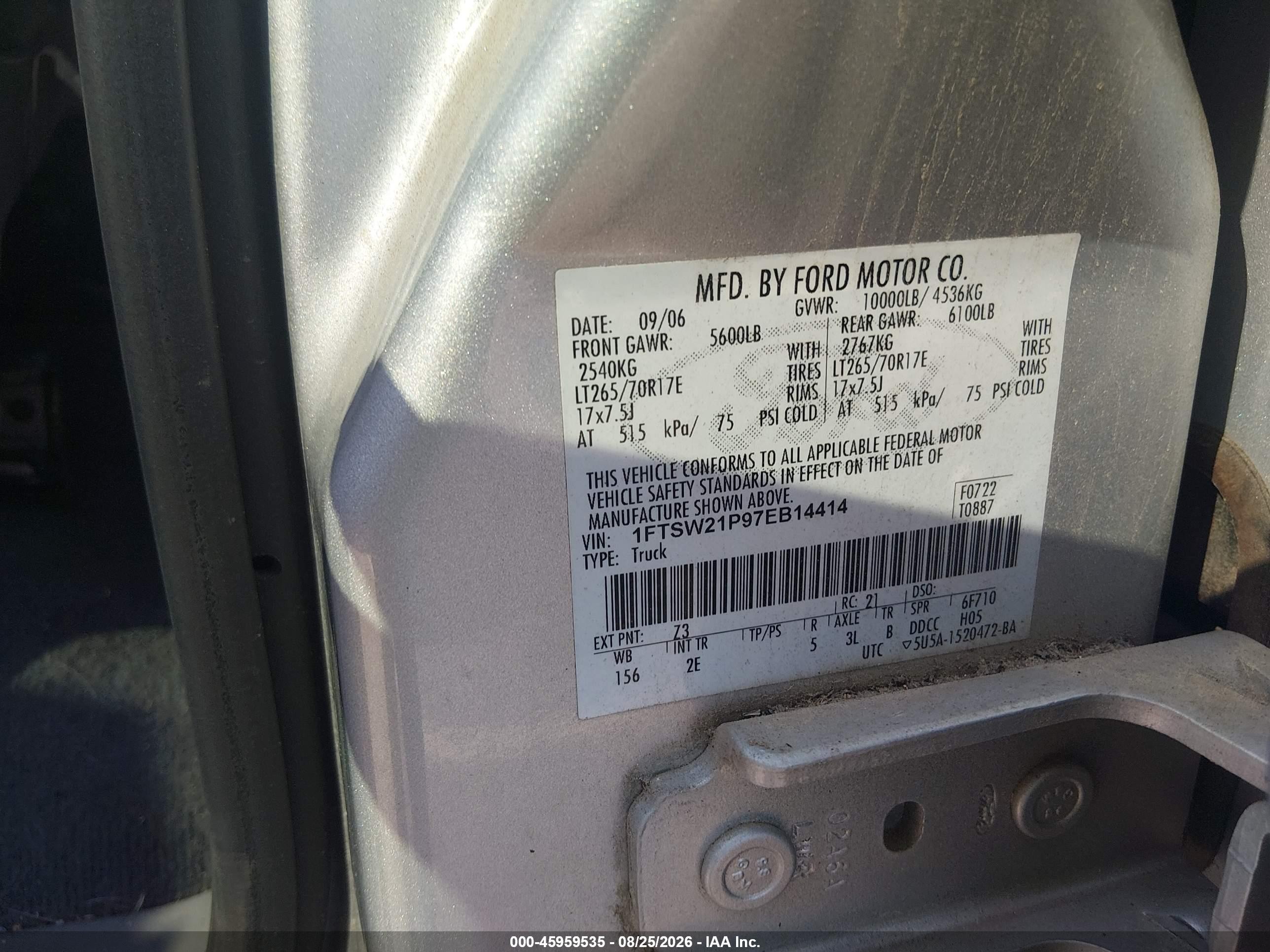 2007 Ford F-250 Lariat/xl/xlt Silver vin: 1FTSW21P97EB14414