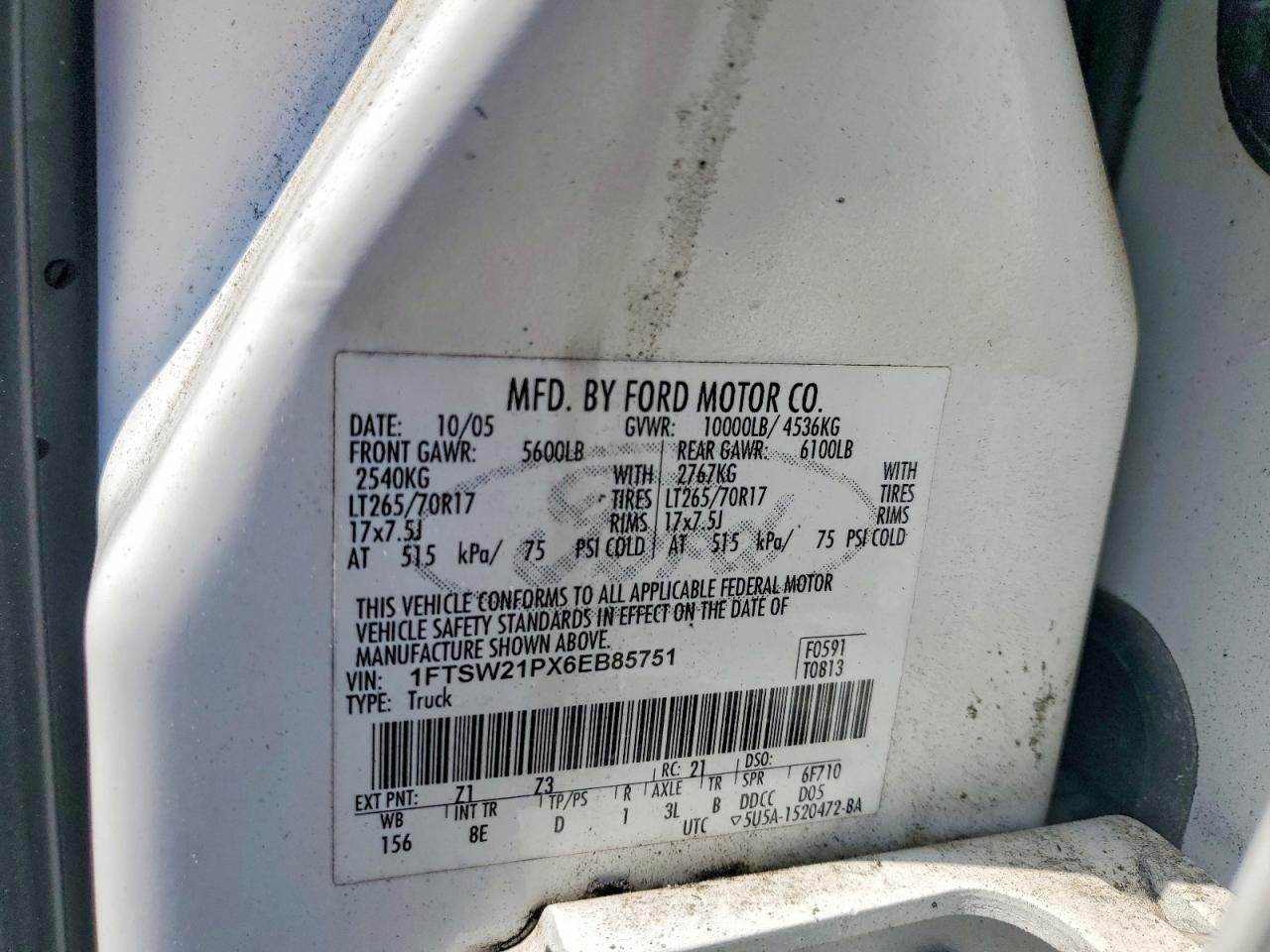 2006 Ford F250 Super Duty White vin: 1FTSW21PX6EB85751