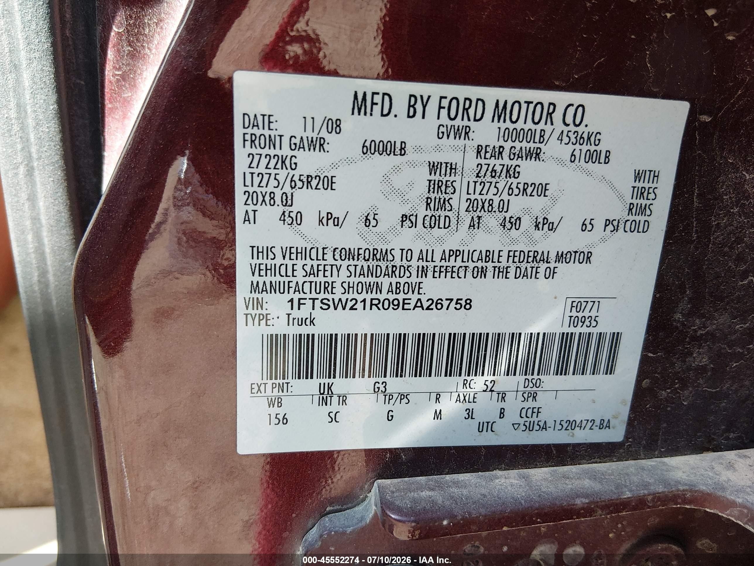 2009 Ford Super Duty F-250 Srw Cabelas/fx4/harley-davidson/king Ranch/lariat/xl/xlt Burgundy vin: 1FTSW21R09EA26758