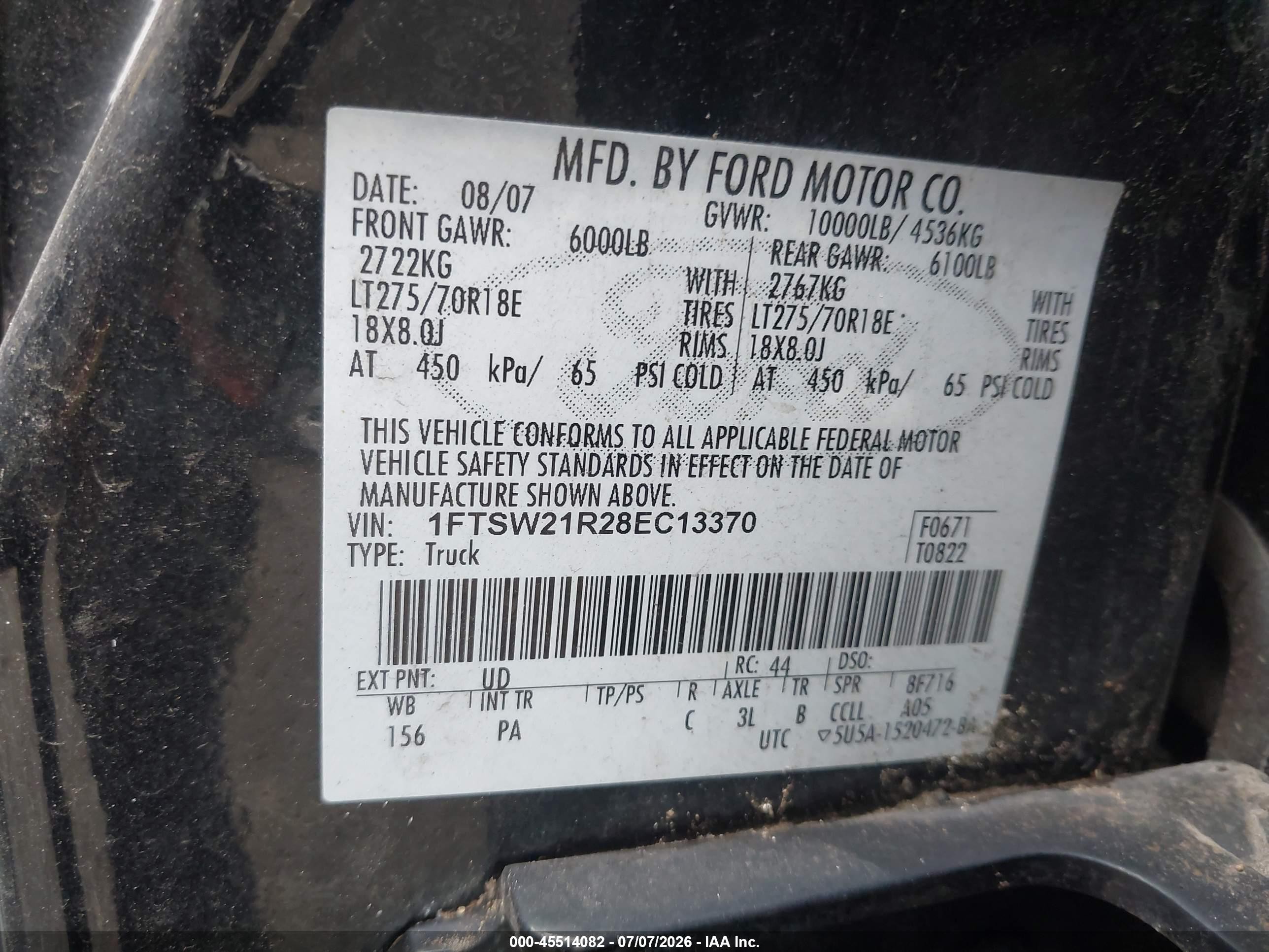 2008 Ford Super Duty F-250 Srw Fx4/harley-davidson/king Ranch/lariat/xl/xlt Black vin: 1FTSW21R28EC13370