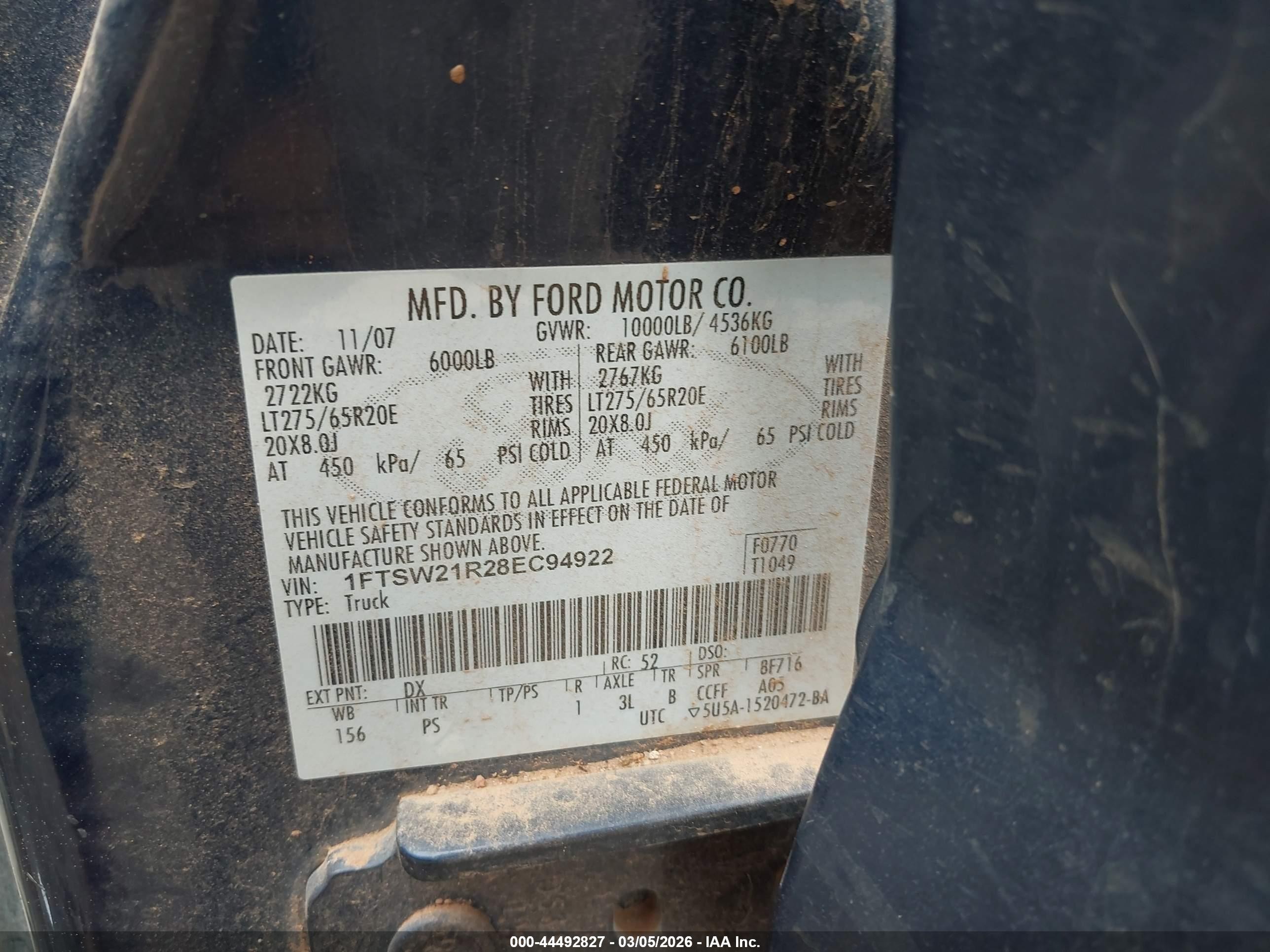2008 Ford F-250 Fx4/harley-davidson/king Ranch/lariat/xl/xlt Blue vin: 1FTSW21R28EC94922