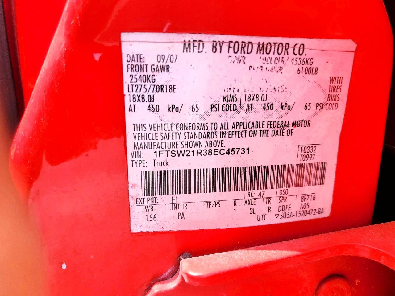 2008 Ford F250 Super Duty Red vin: 1FTSW21R38EC45731
