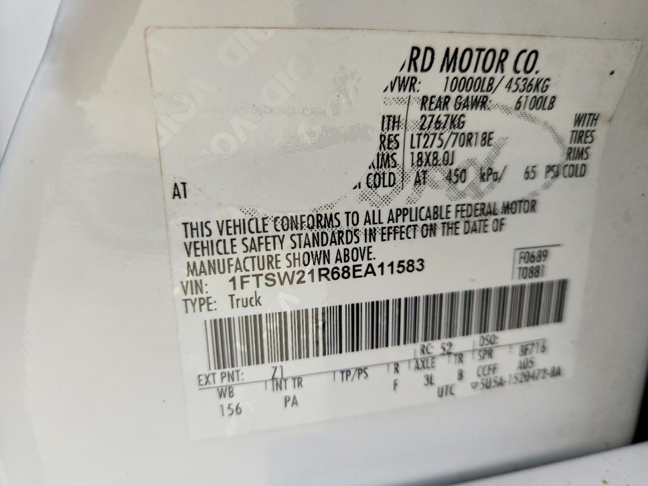 2008 Ford F250 Super Duty White vin: 1FTSW21R68EA11583