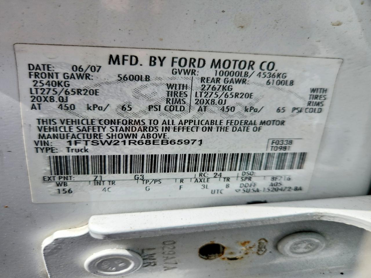 2008 Ford F250 Super Duty White vin: 1FTSW21R68EB65971