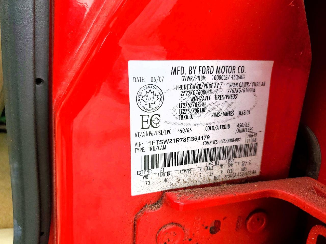 2008 Ford F250 Super Duty Red vin: 1FTSW21R78EB64179