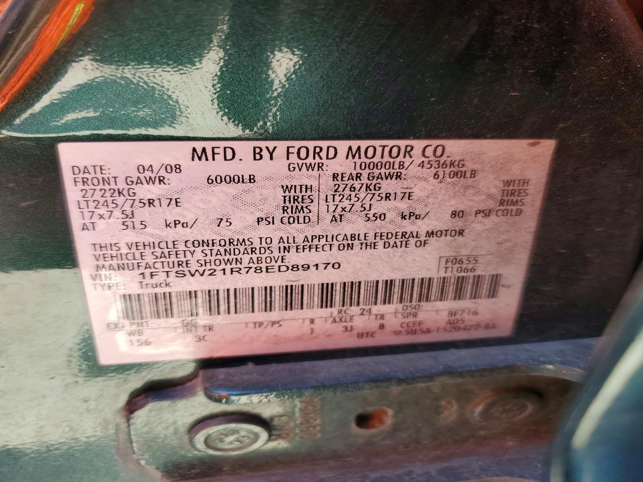 2008 Ford F250 Super Duty Green vin: 1FTSW21R78ED89170