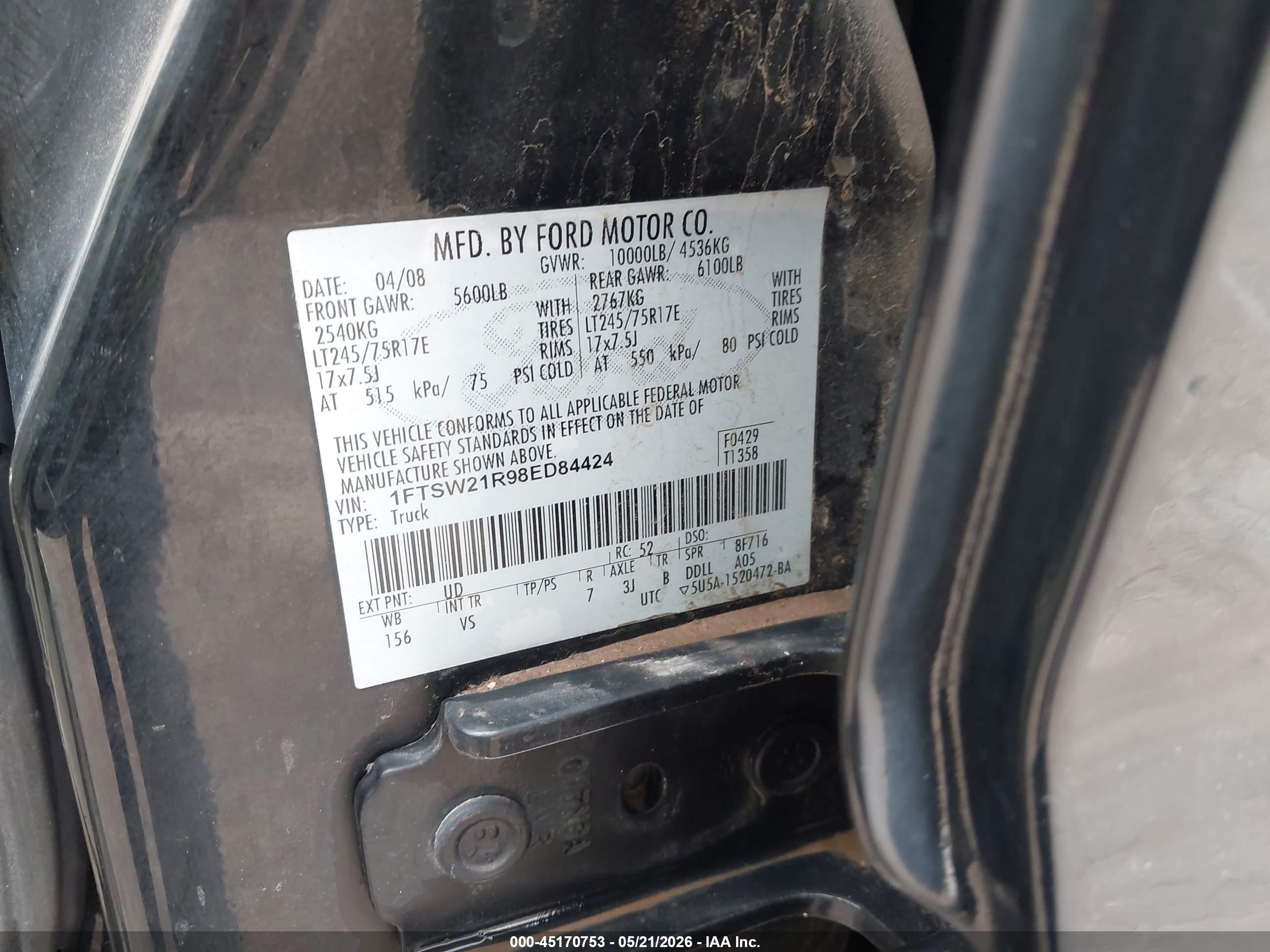2008 Ford F-250 Fx4/harley-davidson/king Ranch/lariat/xl/xlt Black vin: 1FTSW21R98ED84424