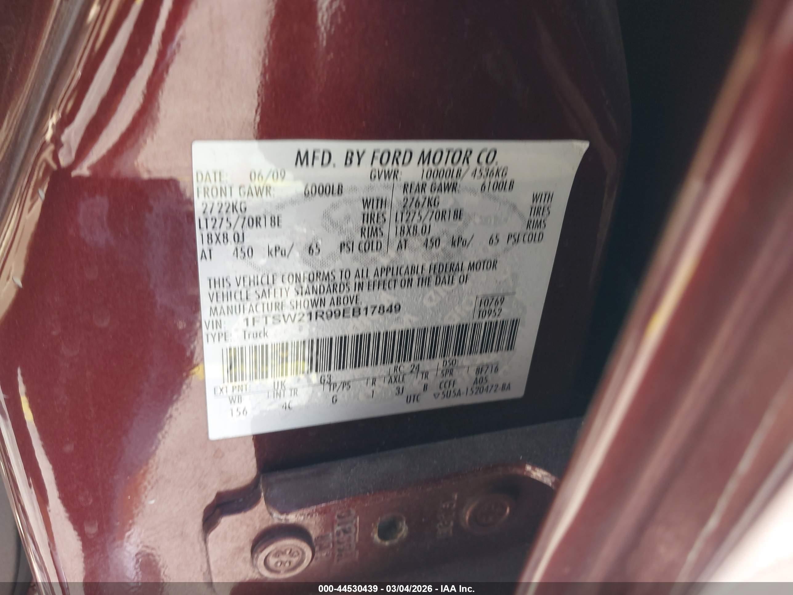 2009 Ford F250   Maroon vin: 1FTSW21R99EB17849