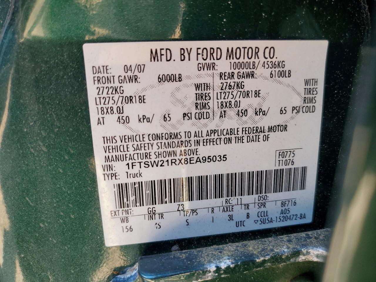 2008 Ford F250 Super Duty Green vin: 1FTSW21RX8EA95035