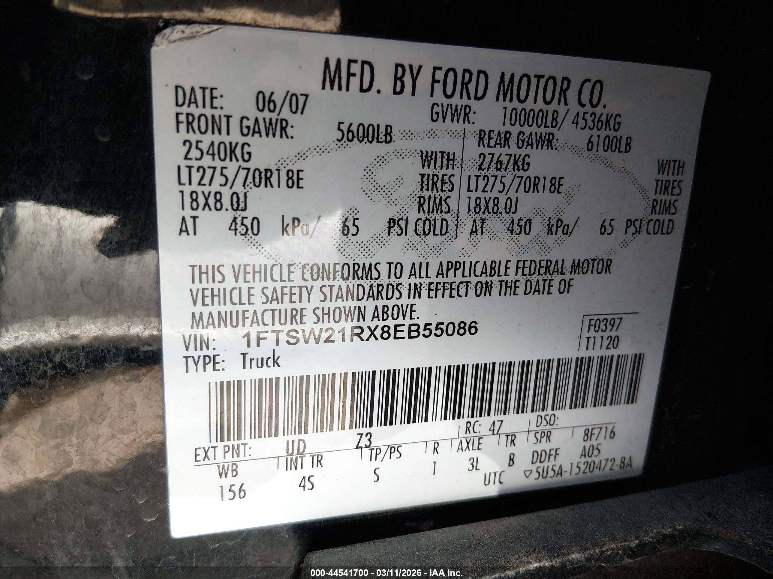 2008 Ford F-250 Fx4/harley-davidson/king Ranch/lariat/xl/xlt Black vin: 1FTSW21RX8EB55086