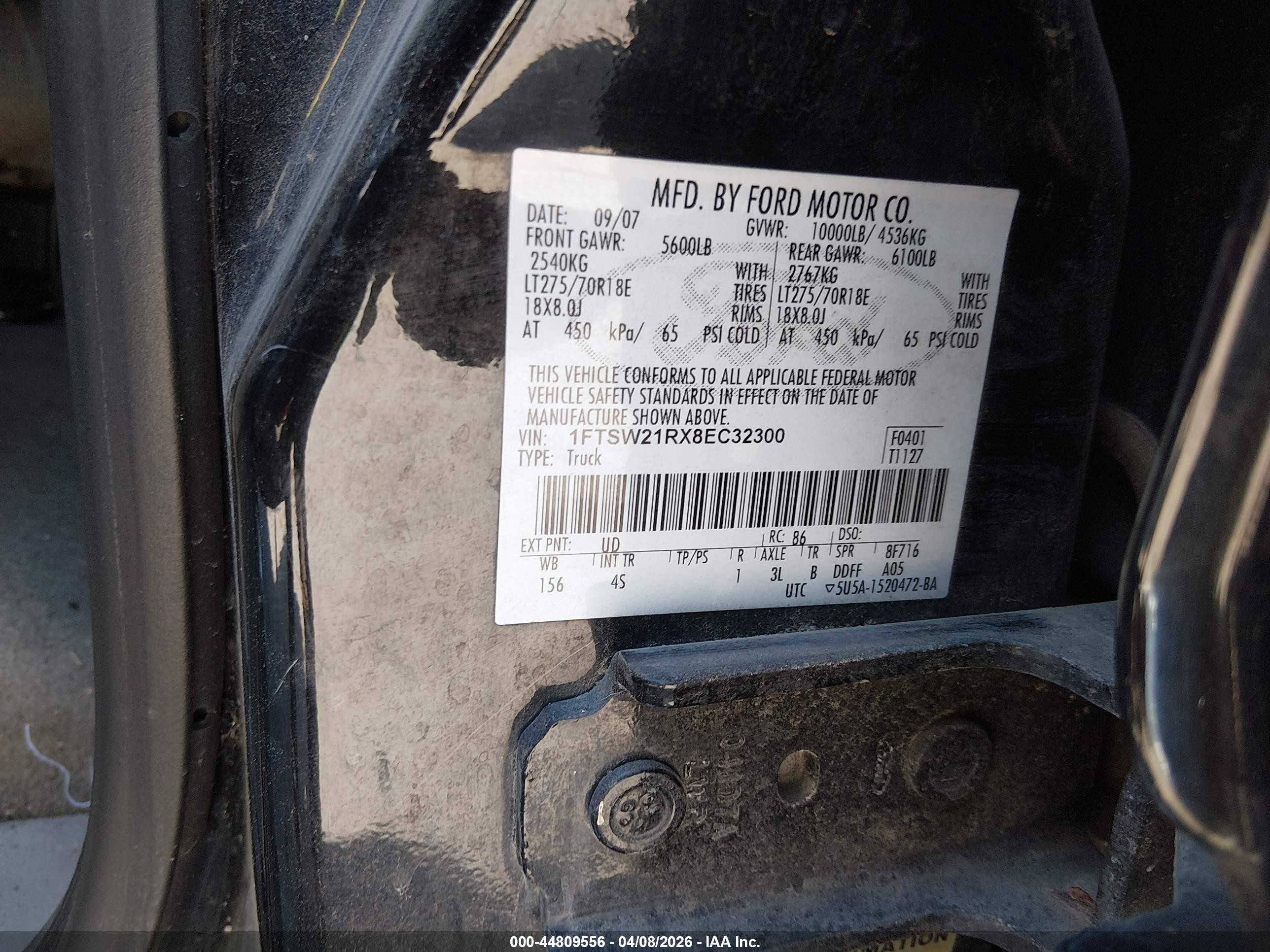 2008 Ford F-250 Fx4/harley-davidson/king Ranch/lariat/xl/xlt Черный vin: 1FTSW21RX8EC32300