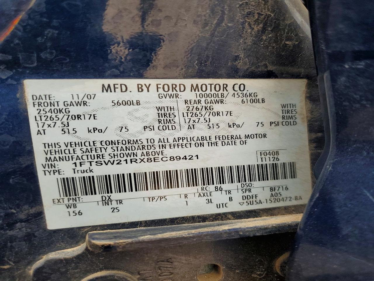 2008 Ford F250 Super Duty Blue vin: 1FTSW21RX8EC89421