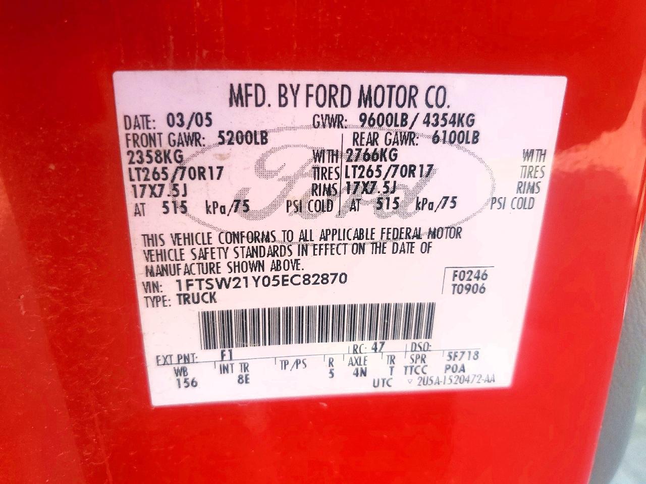 2005 Ford F250 Super Duty Red vin: 1FTSW21Y05EC82870