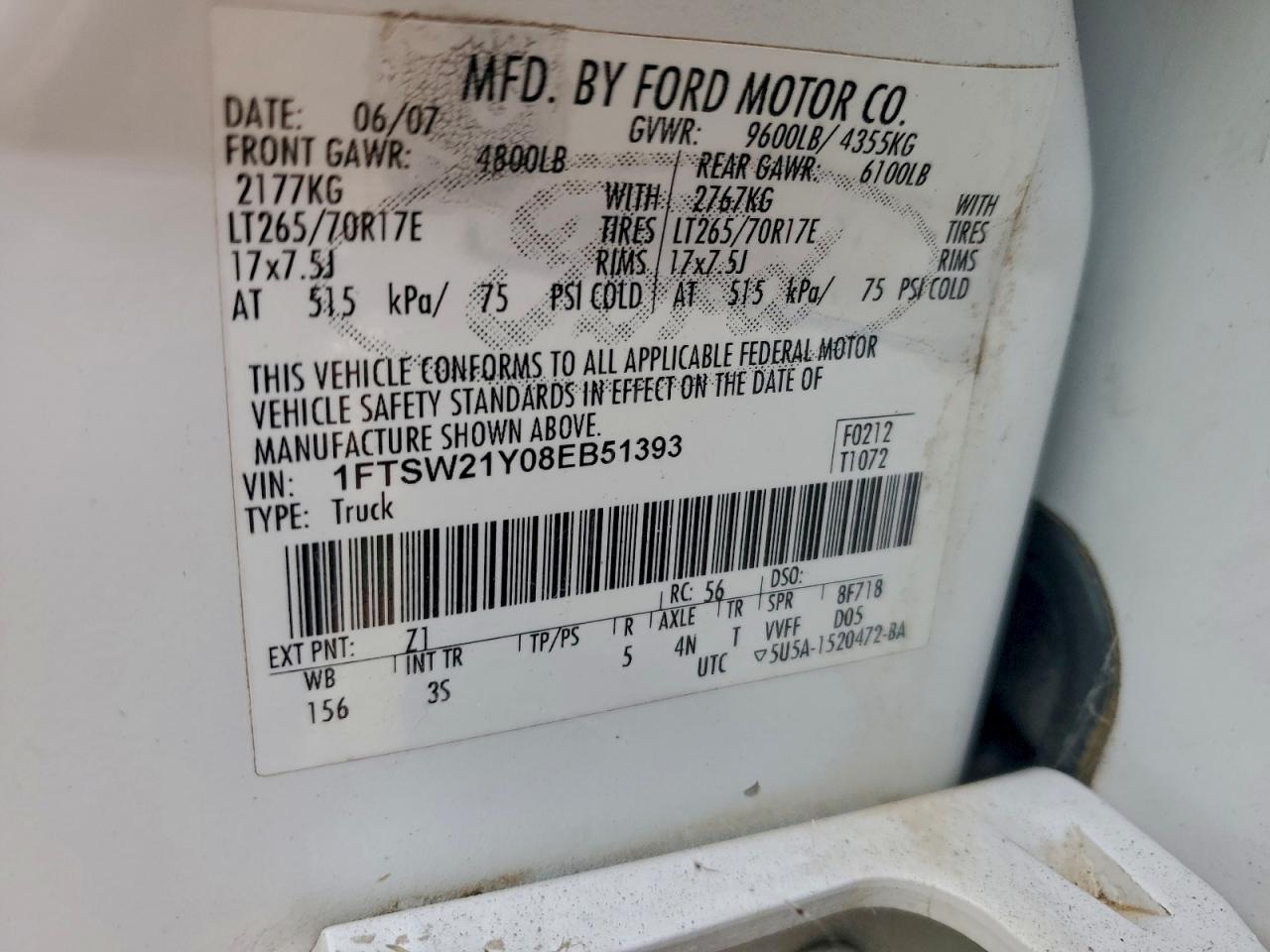 2008 Ford F250 Super Duty Белый vin: 1FTSW21Y08EB51393