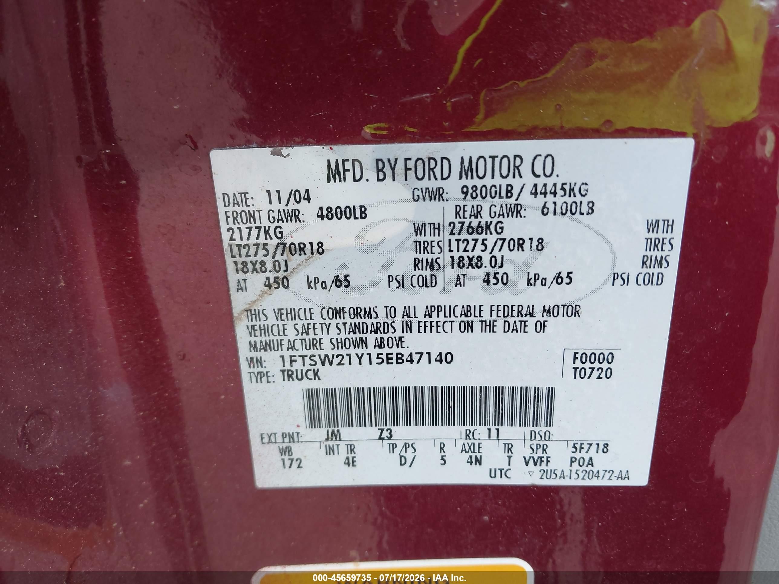 2005 Ford F-250 Lariat/xl/xlt Burgundy vin: 1FTSW21Y15EB47140
