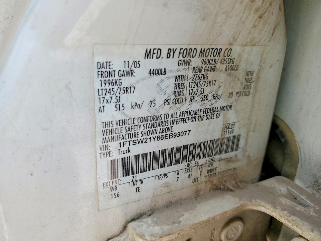 2006 Ford F250 Super Duty White vin: 1FTSW21Y66EB93077