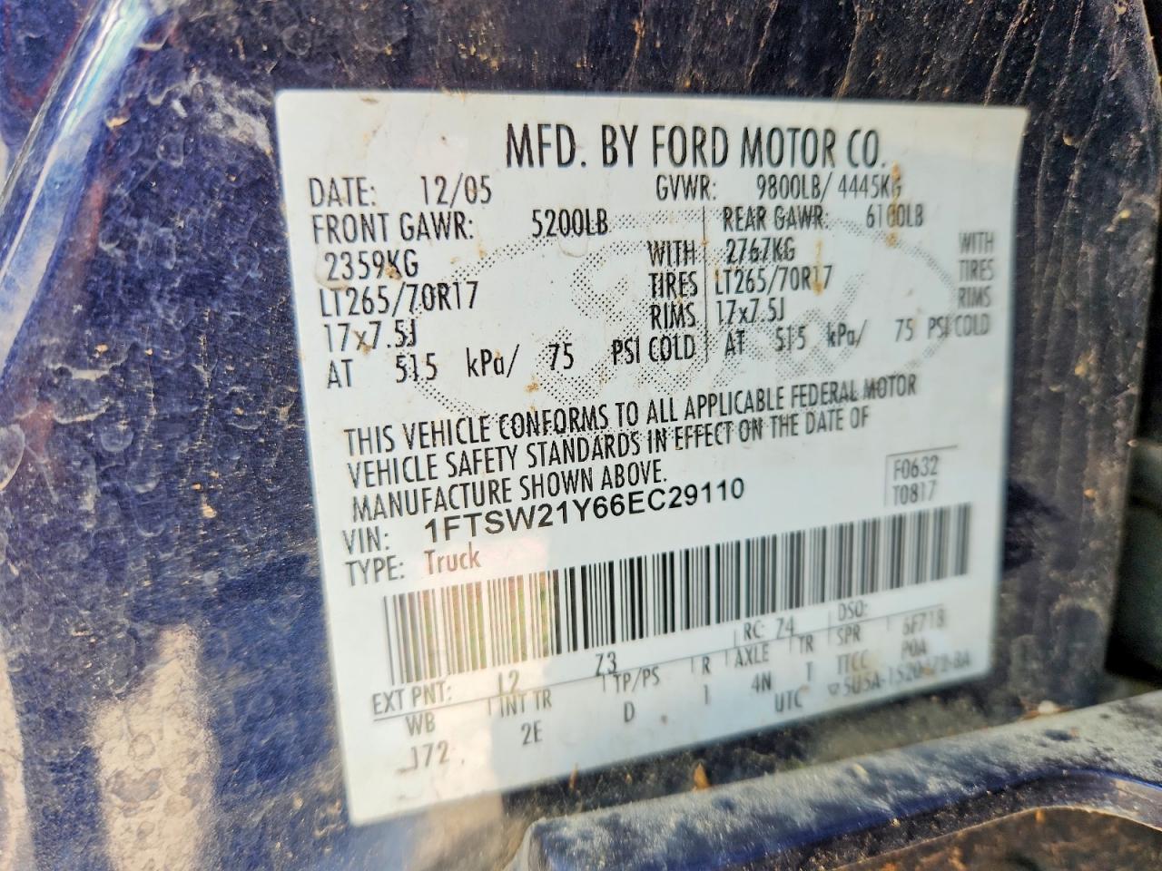 2006 Ford F250 Super Duty Blue vin: 1FTSW21Y66EC29110